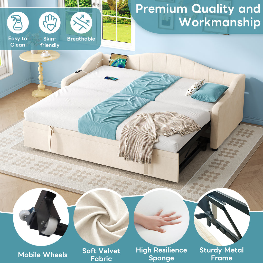 Upholstered Bed 90x190cm, Daybed, Sofa Bed with Charging Station, 3ft Single Velvet Bed with USB and Type - C Ports, Pull out Trundle Bed for Living Room/ Bedroom/ Study Room, Beige (No Mattress)