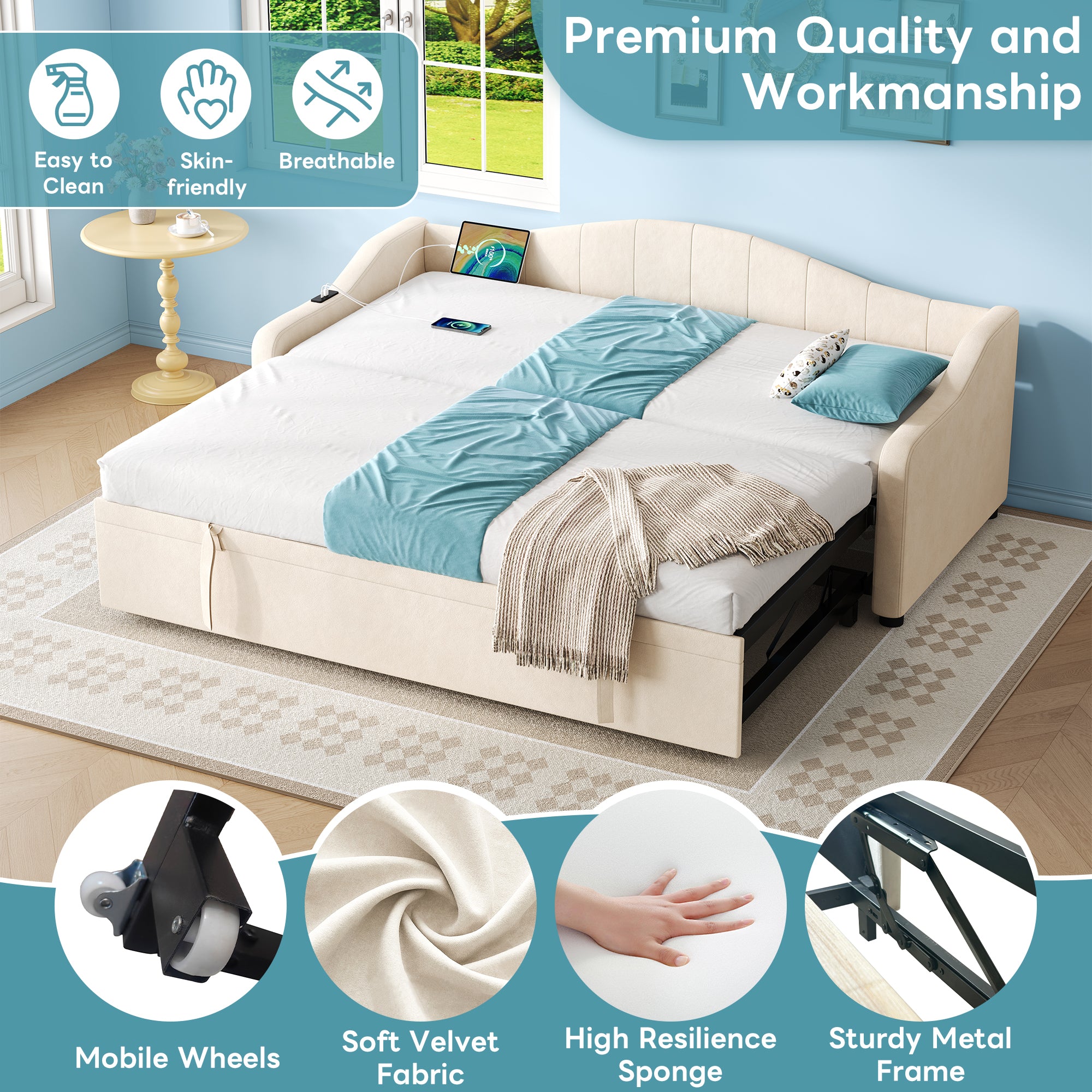 Upholstered Bed 90x190cm, Daybed, Sofa Bed with Charging Station, 3ft Single Velvet Bed with USB and Type - C Ports, Pull out Trundle Bed for Living Room/ Bedroom/ Study Room, Beige (No Mattress)