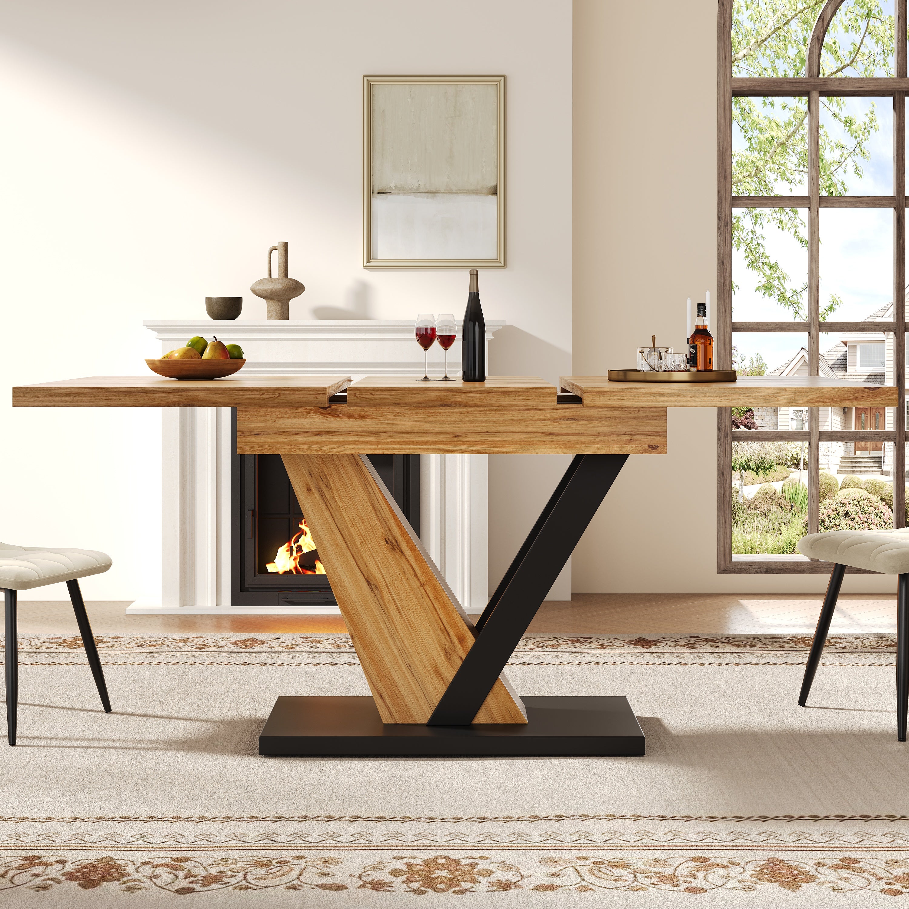 Extendable dining table (120–160 x 75 x 75.5 cm), table, kitchen table, extendable table, extends to 160 cm, suitable for kitchen and living room, tabletop with wood grain finish