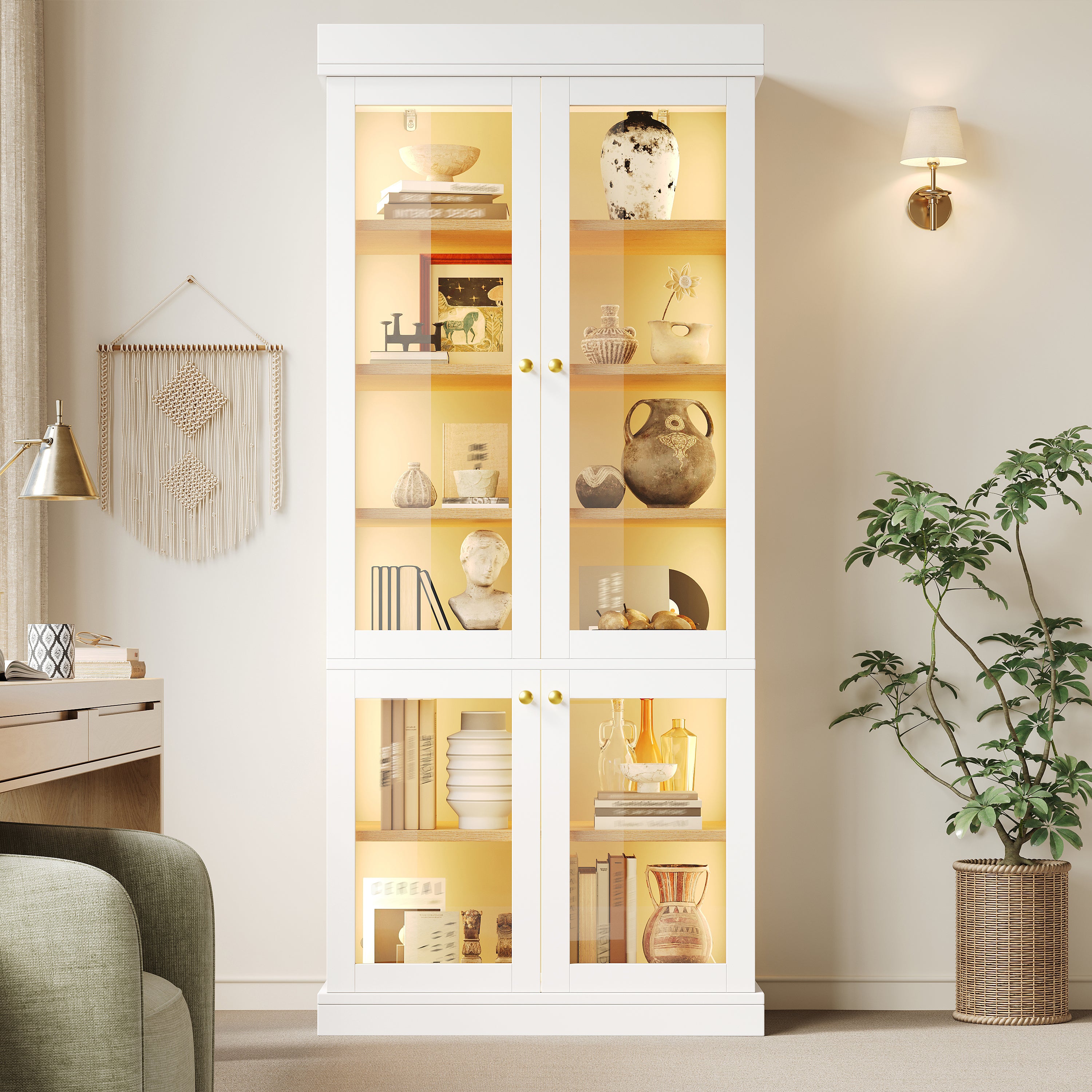 Modern freestanding cabinet with integrated LED mood lighting, glass display case, well-designed interior layout and anti-tip protection; stable, safe and versatile for the home; white.