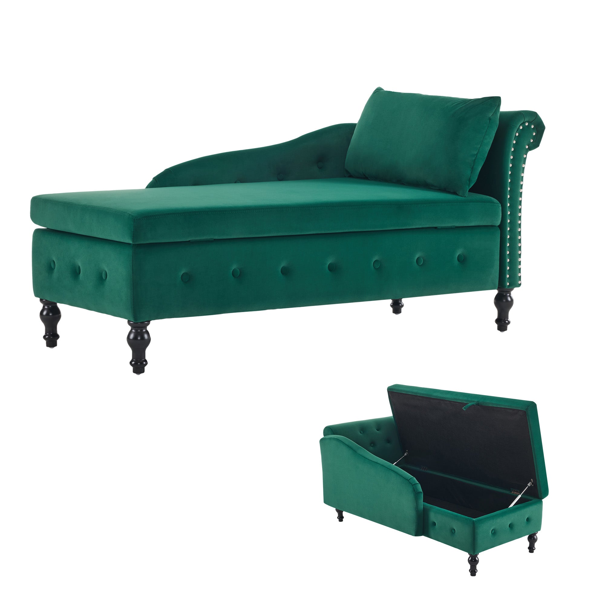 Velvet Chaise Lounge Sofa with Storage, Upholstered Chaise lounge Couch with Pillow for Living Room, Modern Nailhead-Trim & Button-tufted Lounge Chair, Bedroom and Office, Right Armrest