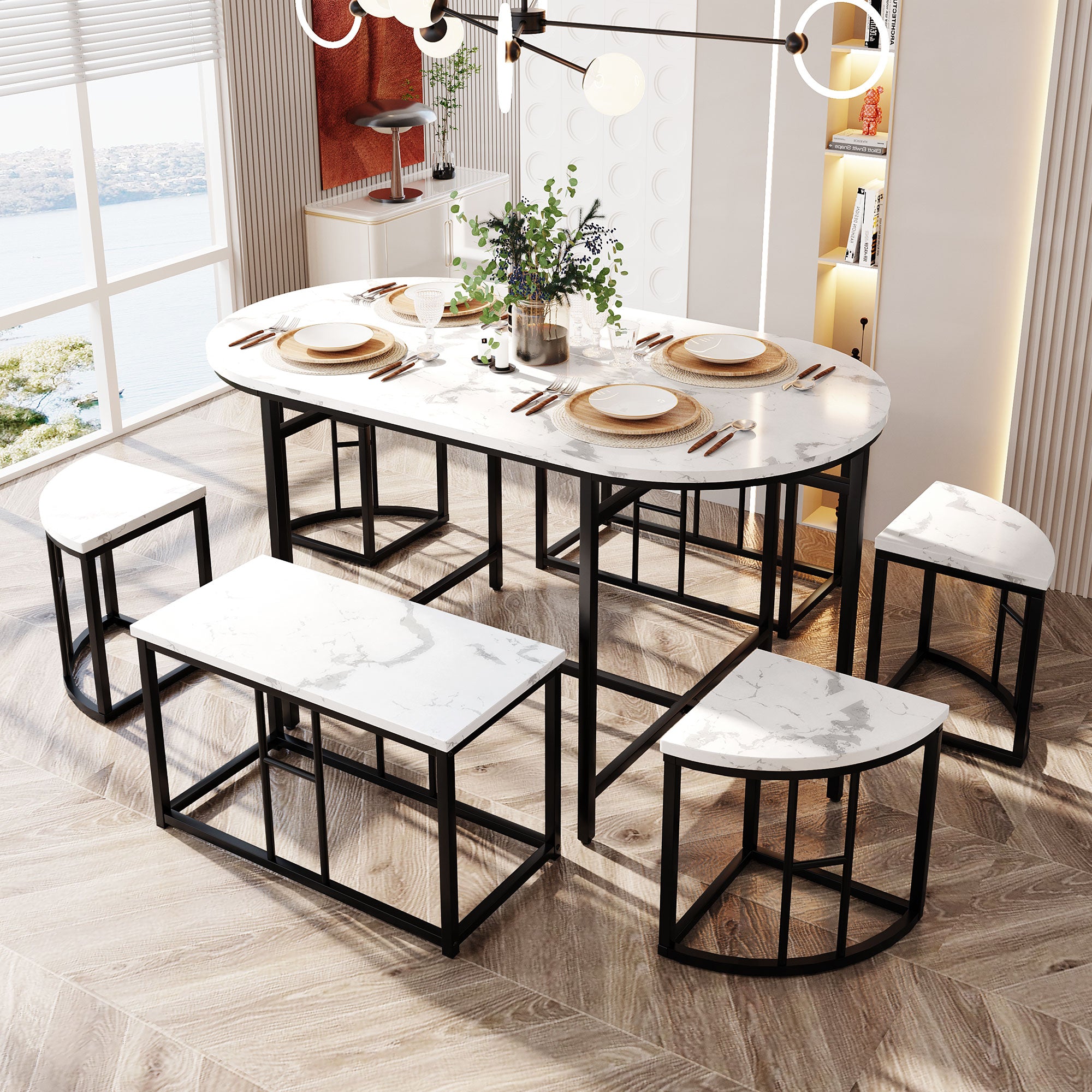 Dining room table set with six chairs, Dining group with white MDF seat cushions and gold-plated iron frames, Modern luxury tables and chairs