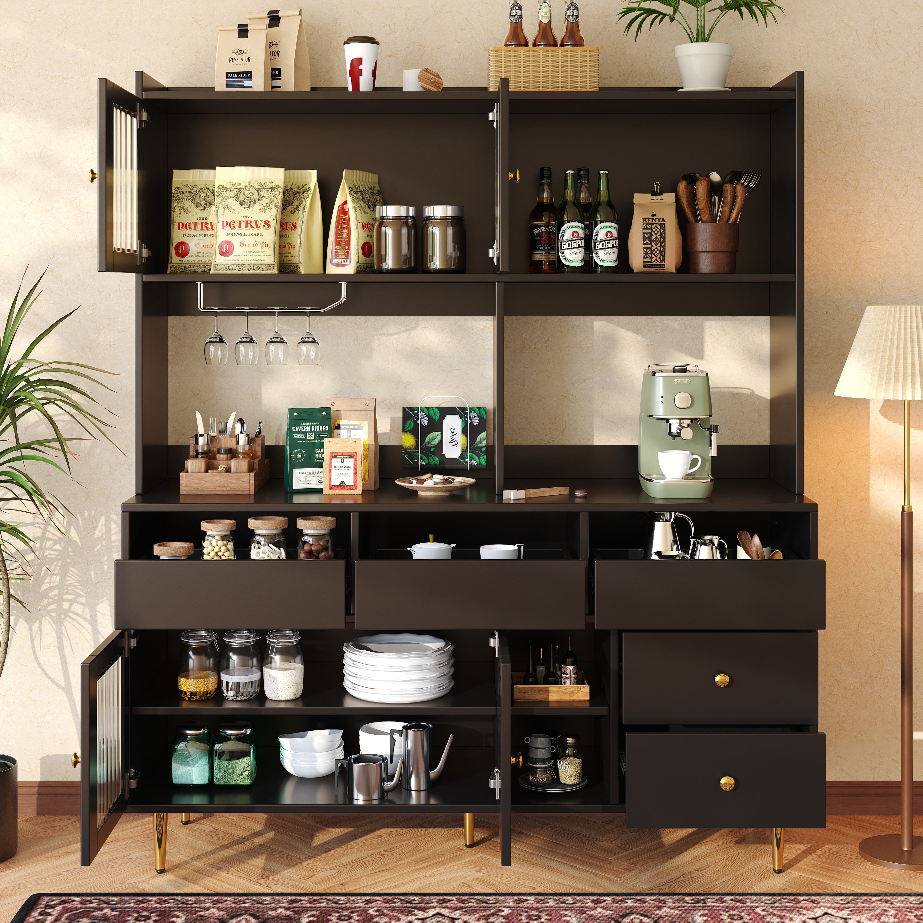 Multi-purpose Storage Cabinet(145 x 39 x 171 cm), Modern design, with Changhong glass door, Wine glass holder, Multi-layered storage space, Black with gold decoration, Suitable for home and restaurant