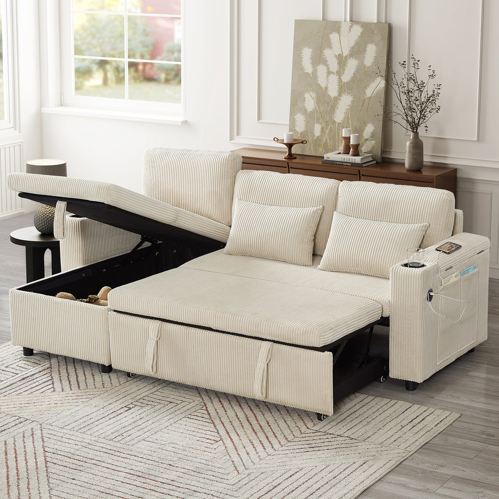 3 in 1 Convertible Corduroy Sofa Bed with Storage Chaise, L Shaped Sleeper Sofa Couches with Armrest Storage and Charging Station. Pullout Sectional Daybed for Living Room/Bedroom/Office, Beige