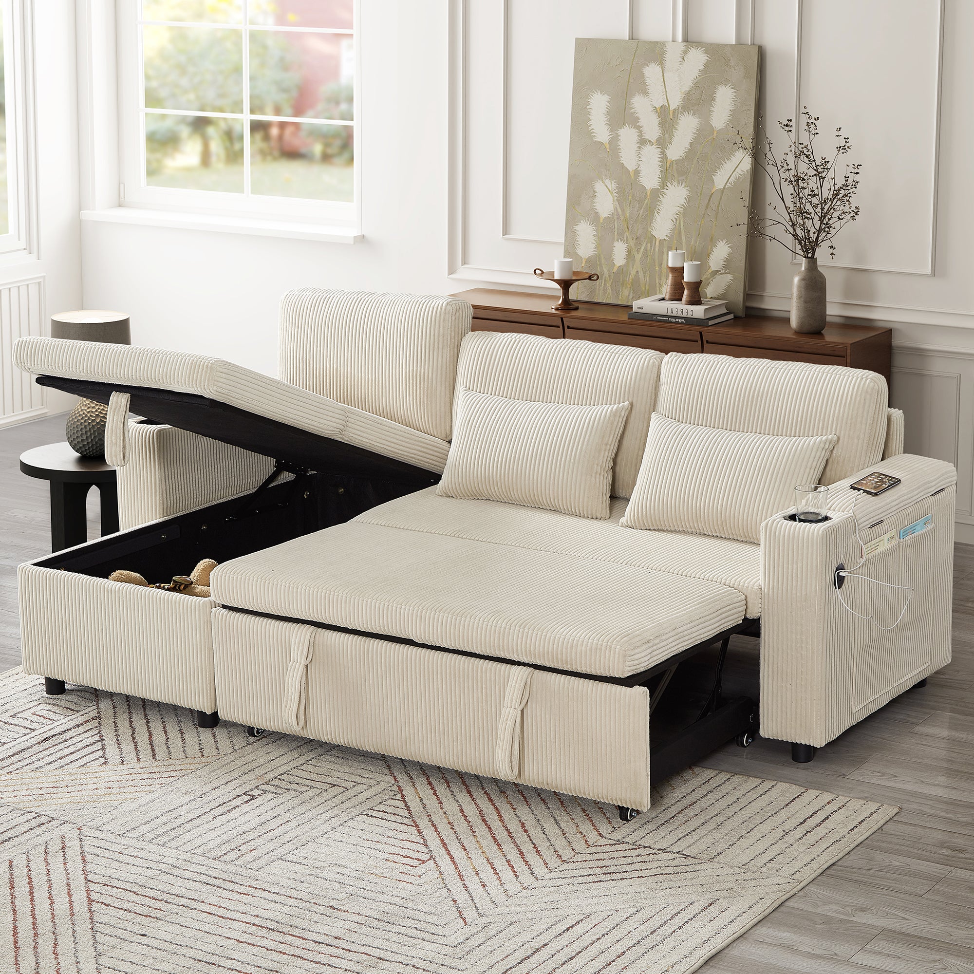 3 in 1 Convertible Corduroy Sofa Bed with Storage Chaise, L Shaped Sleeper Sofa Couches with Armrest Storage and Charging Station. Pullout Sectional Daybed for Living Room/Bedroom/Office, Beige