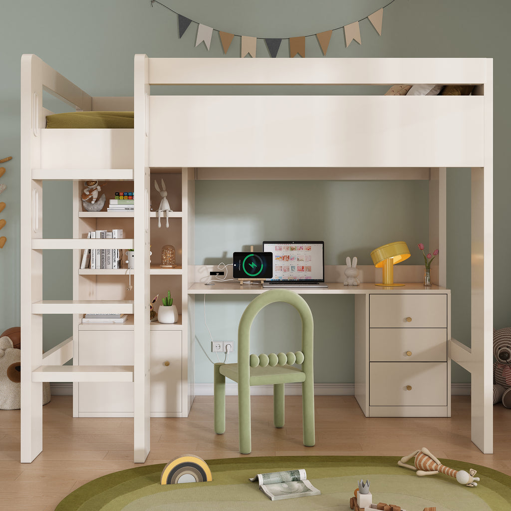 Kids' High Sleeper Bunk Bed with USB-C Desk, Bookshelf & Filing Cabinet, 90 x 190 cm Children's Loft Bed with Stairs & Storage Space, All-in-One Single Bed Frame with Slatted Frame, No Mattress