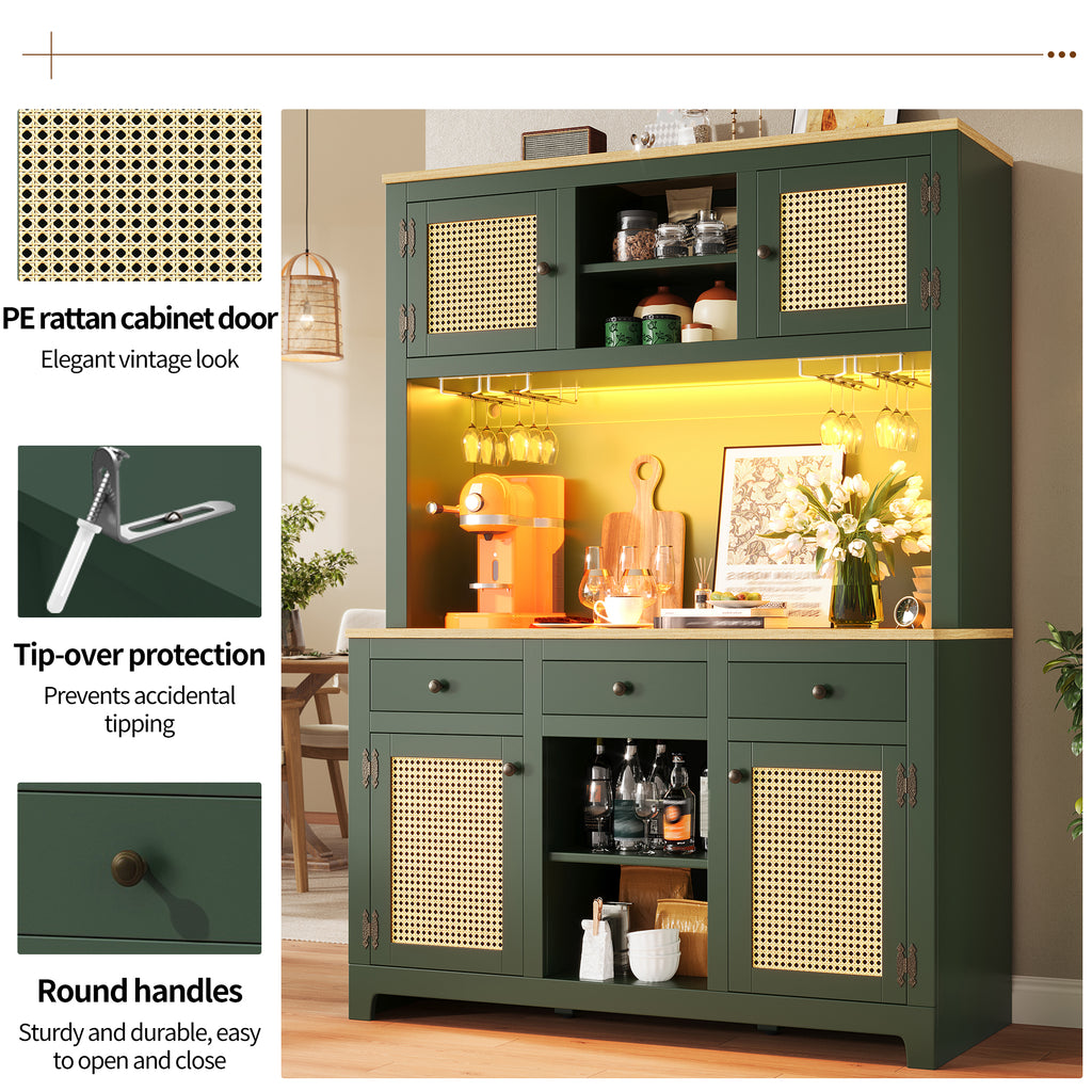 LED tall cabinet with lighting system, PE rattan cabinet with anti-tip device, large freestanding cabinet with adjustable shelves and drawers, vintage storage cabinet for kitchen, dining room