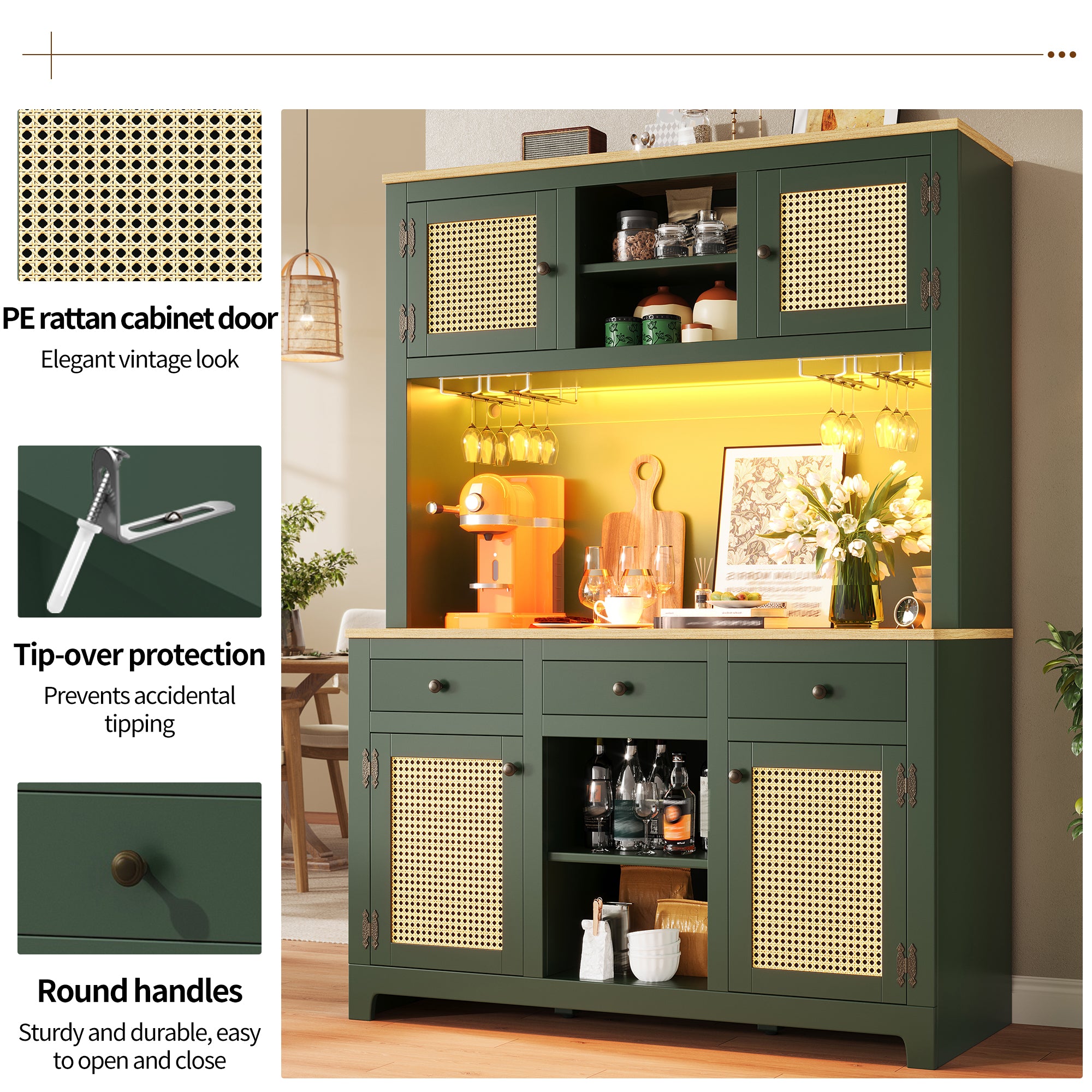 LED tall cabinet with lighting system, PE rattan cabinet with anti-tip device, large freestanding cabinet with adjustable shelves and drawers, vintage storage cabinet for kitchen, dining room