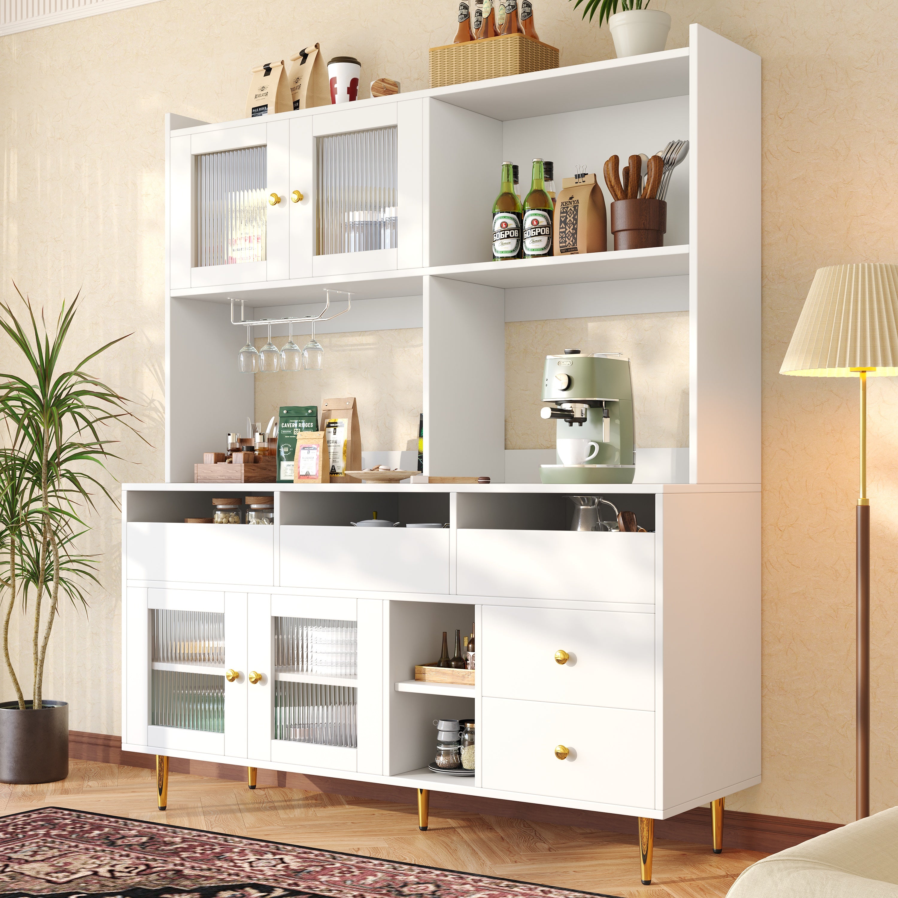 Multi-purpose Storage Cabinet(145 x 39 x 171 cm), Modern design, with Changhong glass door, Wine glass holder, Multi-layered storage space, White with gold decoration, Suitable for home and restaurant