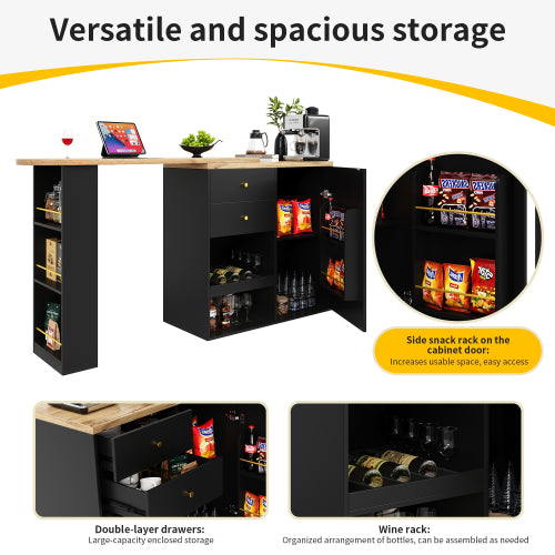 360° Swivelling Bar Table (105 x 39 x 102 cm), with 2 Drawers and Sliding Door Cabinet, 3 Levels of Open Storage Space, Suitable for Dining Room/Study/Living Room etc.
