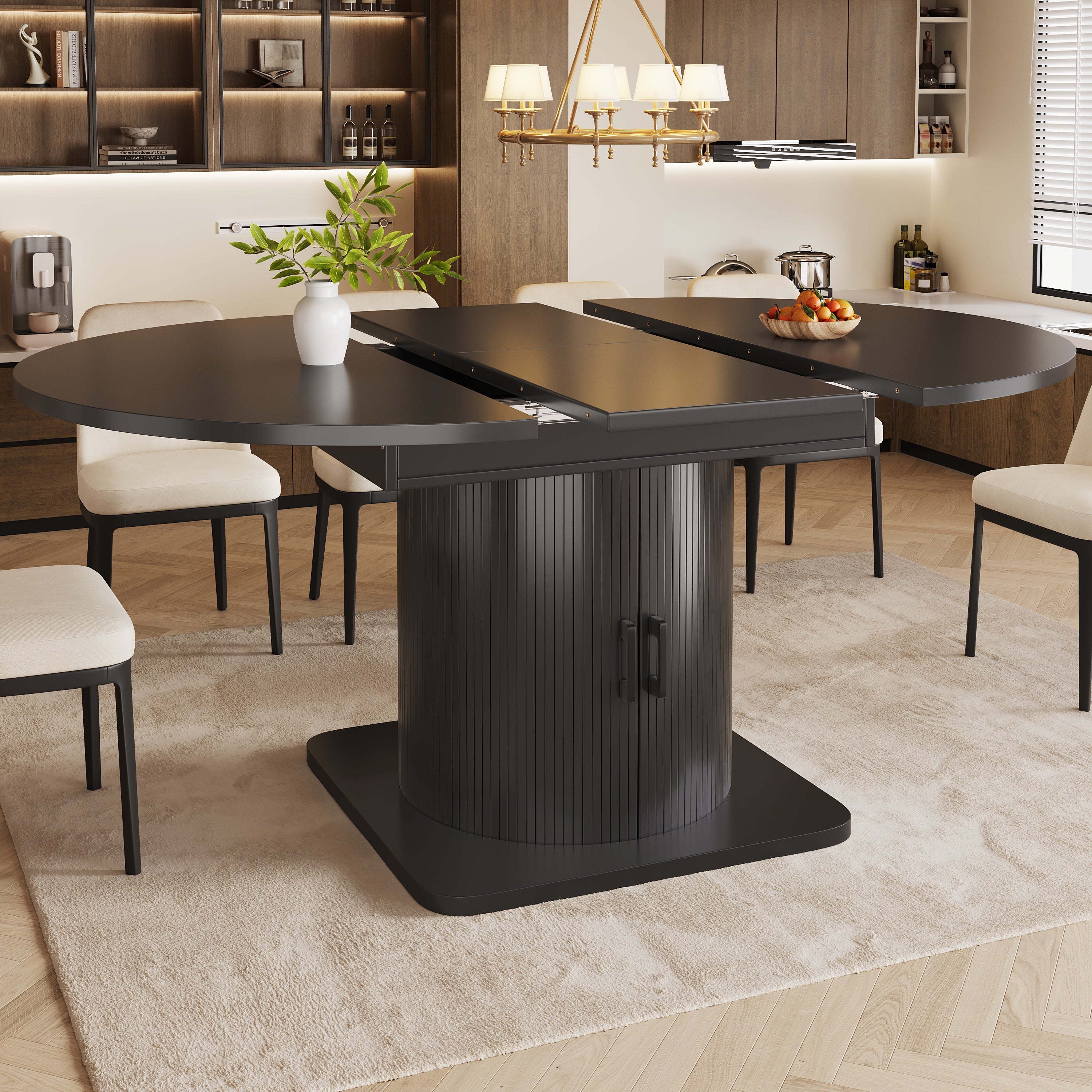 Extendable dining table with storage, multifunctional folding table with wine rack, space-saving kitchen table for small rooms and dining rooms, MDF tabletop, black