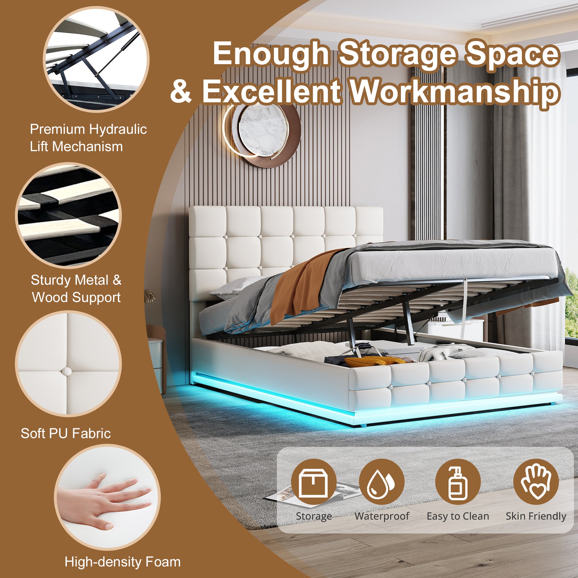 Ottoman Double Bed with LED Lighting, PU Leather Upholstered Bed with Hydraulic Storage, 4ft6 Double Bed Frame with Adjustable Button Tufted Headboard, Cream White (No Mattress)
