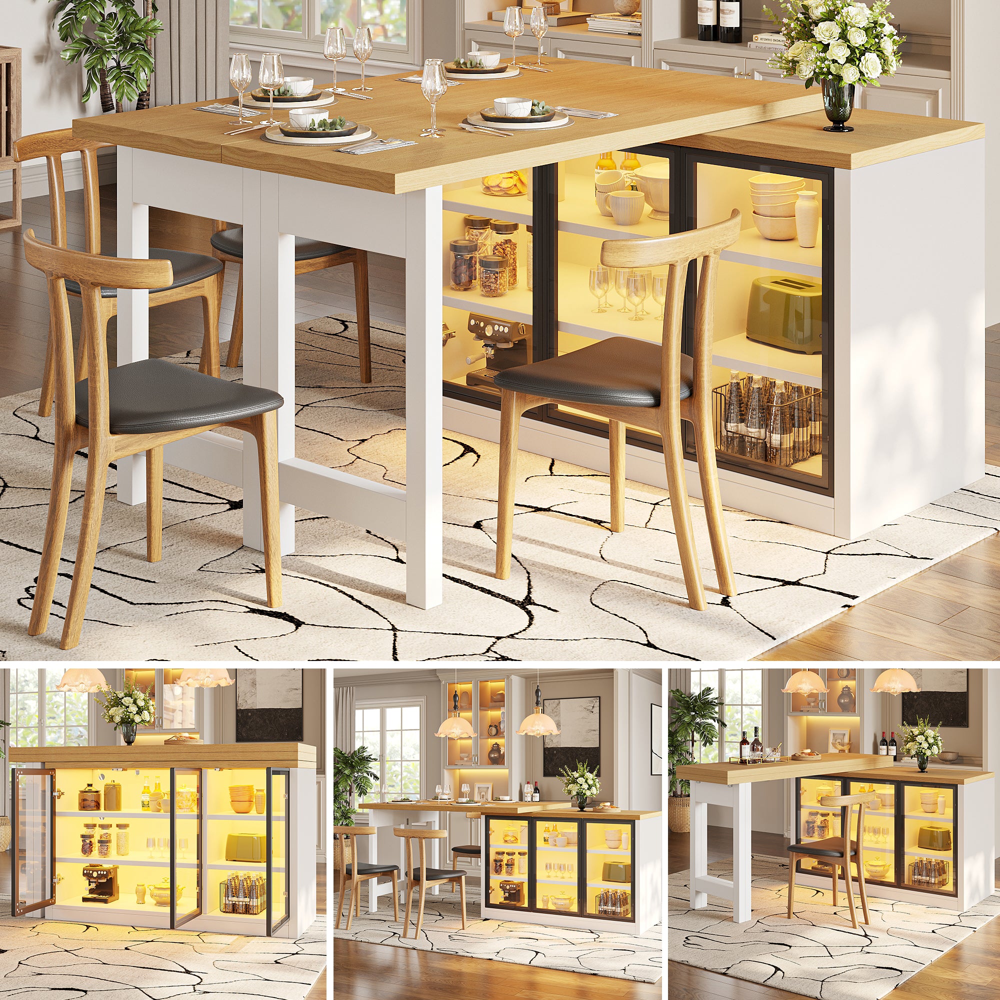 Extendable Sideboard & Dining Table Combo with LED Lights, Push-to-Open Glass Display Cabinet, Space Saving Sideboard for Small Flat, White