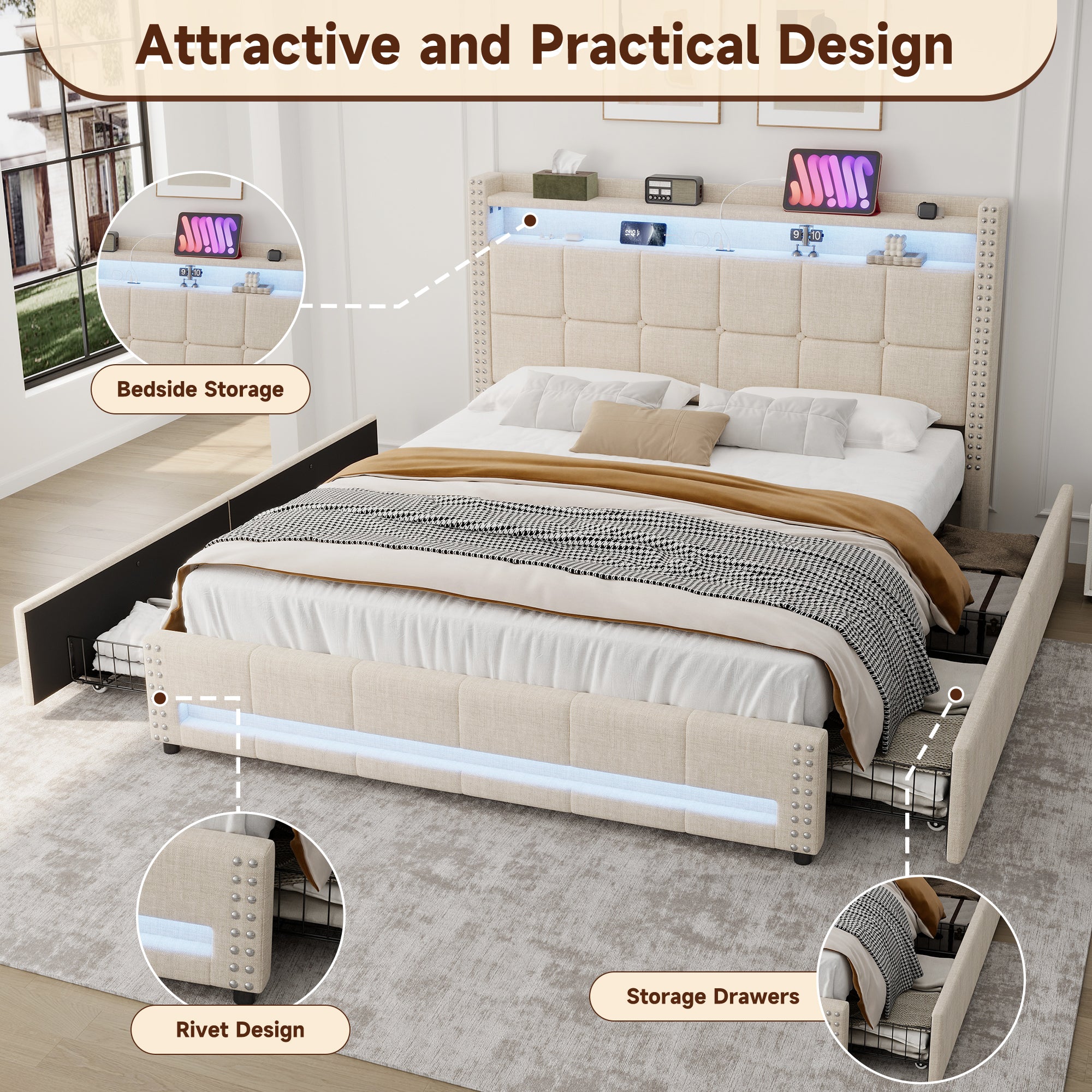 4ft6 Double Upholstered Bed with 4 Storage Drawers, LED Rivet  Storage Bed with Charging Station, Button Tufted Headboard with USB and Type-C Ports, No Box Spring Needed, Linen, Beige (No Mattress)