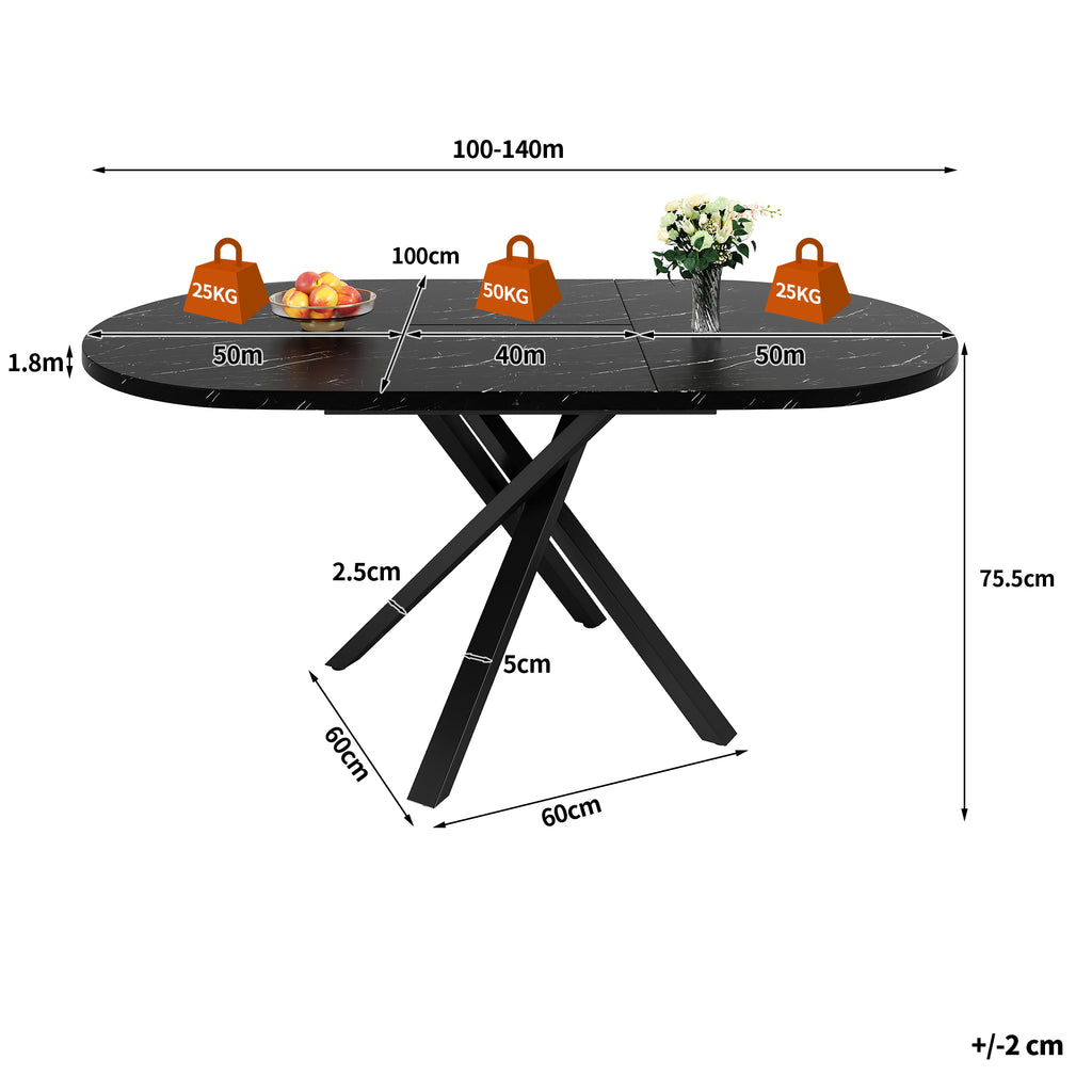 Round extendable table with marble look - 100 cm (extendable to 140 cm) x 75.5 cm high - With sturdy X-shaped metal frame in black - Ideal as a kitchen table or breakfast table