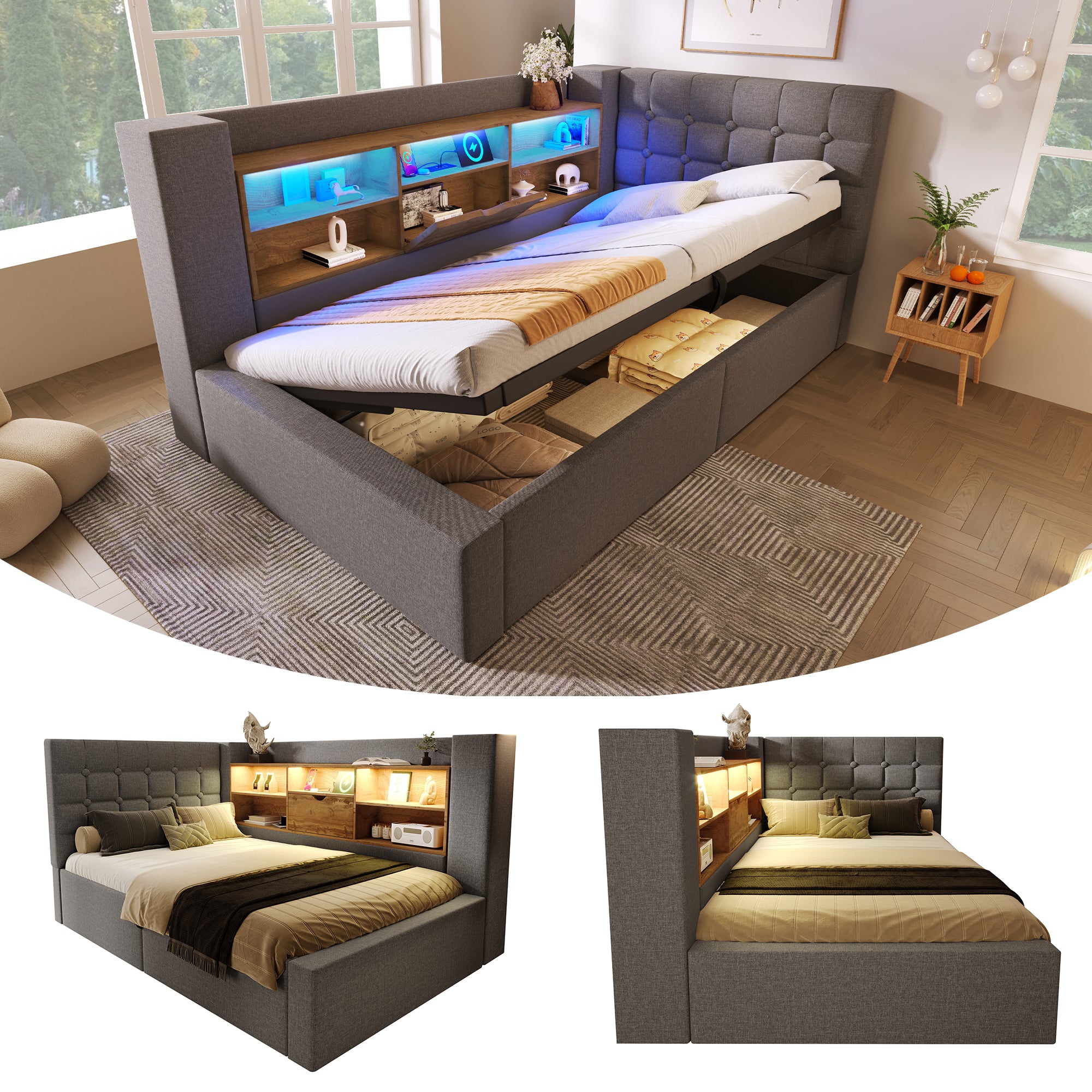 Daybed Upholstered Bed 90 x 190 cm, 3FT Single Sofa Bed with Hydraulic Storage, USB &Type-C Charging Station, Single Bed for Living Room and Bedroom, Linen, Grey (No Mattress)