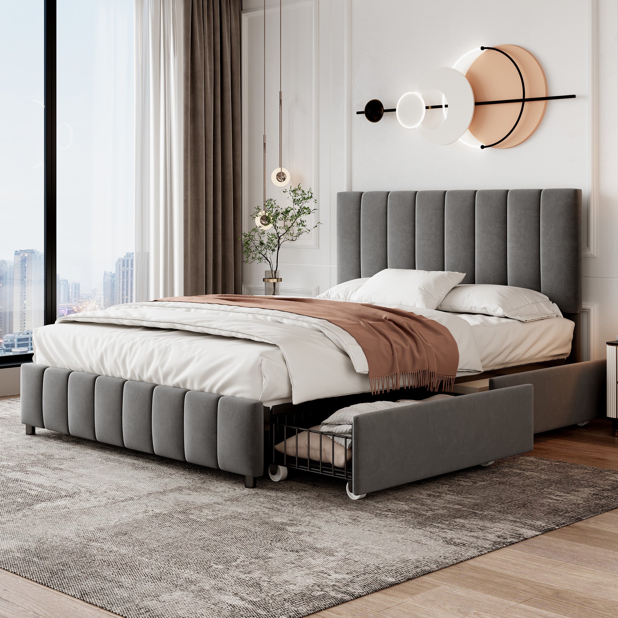 4ft6 Double Upholstered Bed with 4 Storage Drawers, Velvet Platform Bed Frame with Adjustable Channel Tufted Headboard, Metal-Wood Support, No Box Spring Needed, Easy Assembly, Grey (No Mattress)