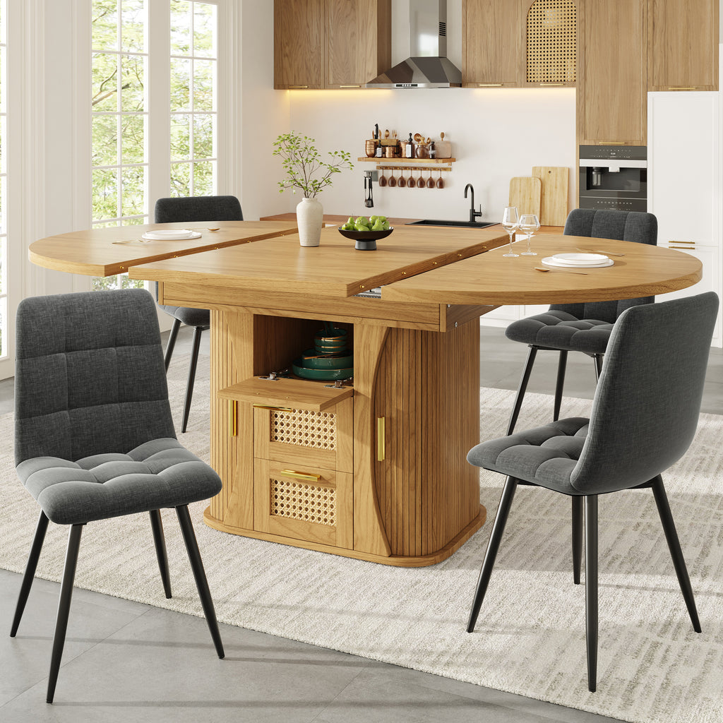Extendable dining table with storage, 118–158cm table with rattan drawers, MDF wood look, black / natural wood / oak look