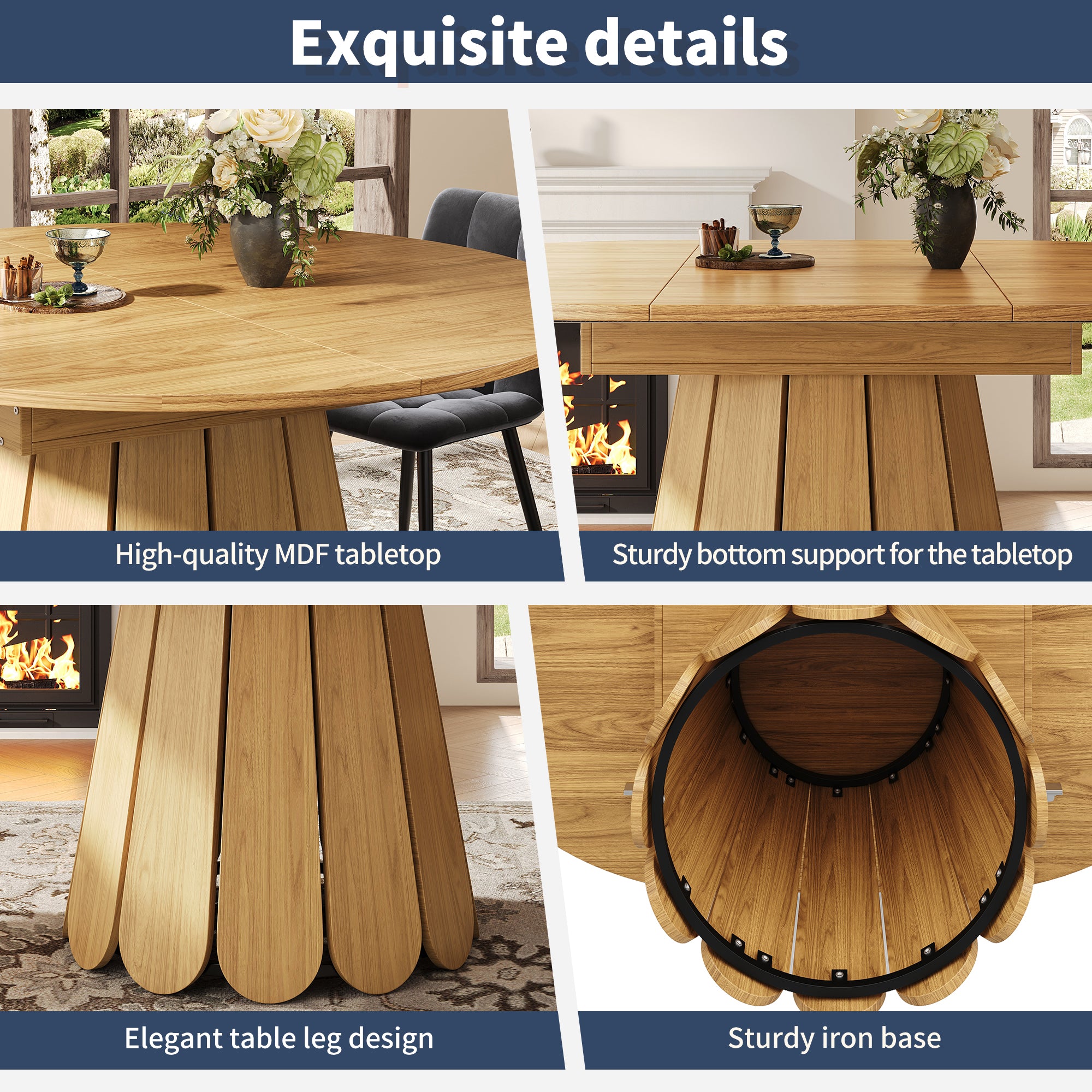 Extendable dining table, dining room table, kitchen table, balcony table, wooden dining table Round dining table, extends to oval, 118–158 cm, seats up to 6 people, natural color