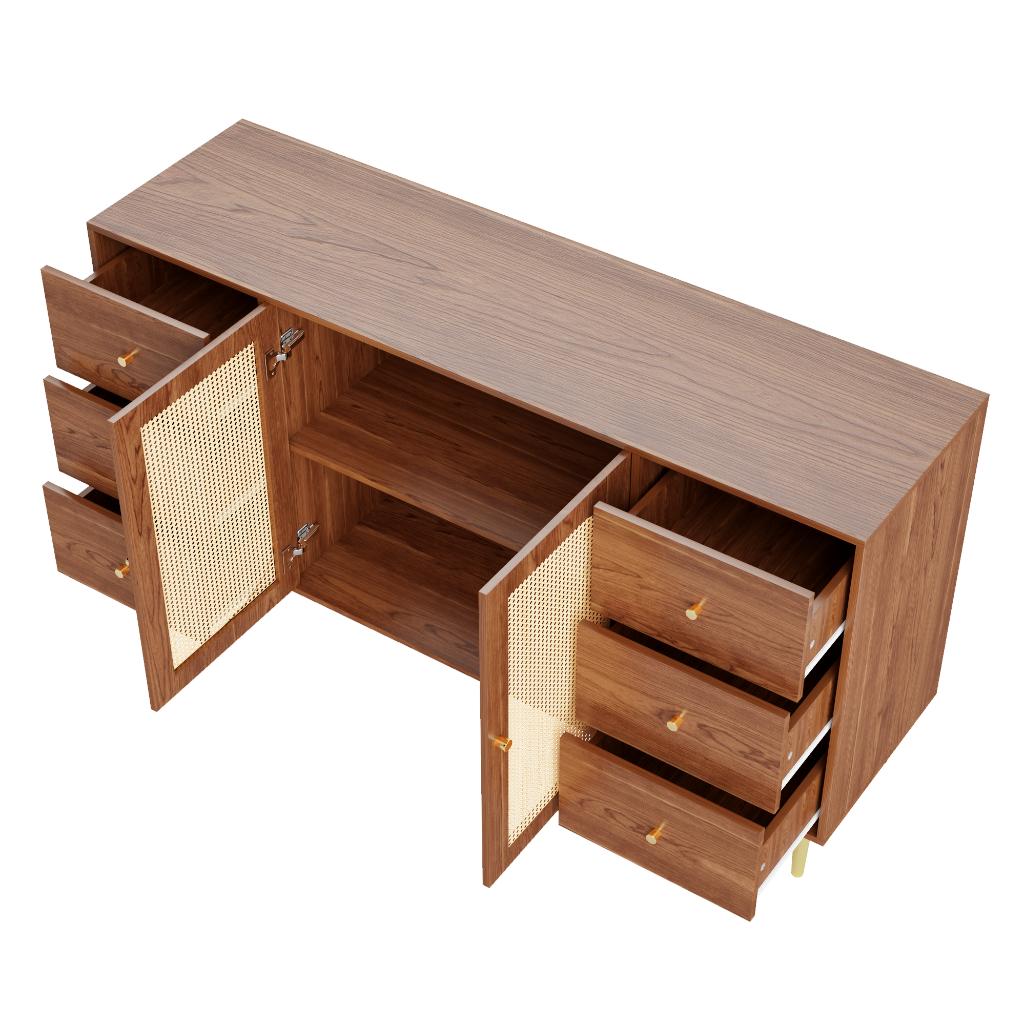 Modern sideboard 160*40*90cm, rattan door design, with 6 drawers, wooden texture, gold metal legs, dining room living room storage cabinet