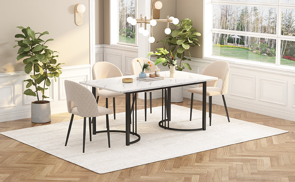140 x 80cm Dining Table,(1-pcs), Modern Kitchen Table, Metal Frame Rectangular Dining Table in Modern Marble Pattern Kitchen Table with Adjustable Feet for Dining Room Living Room, White/Black