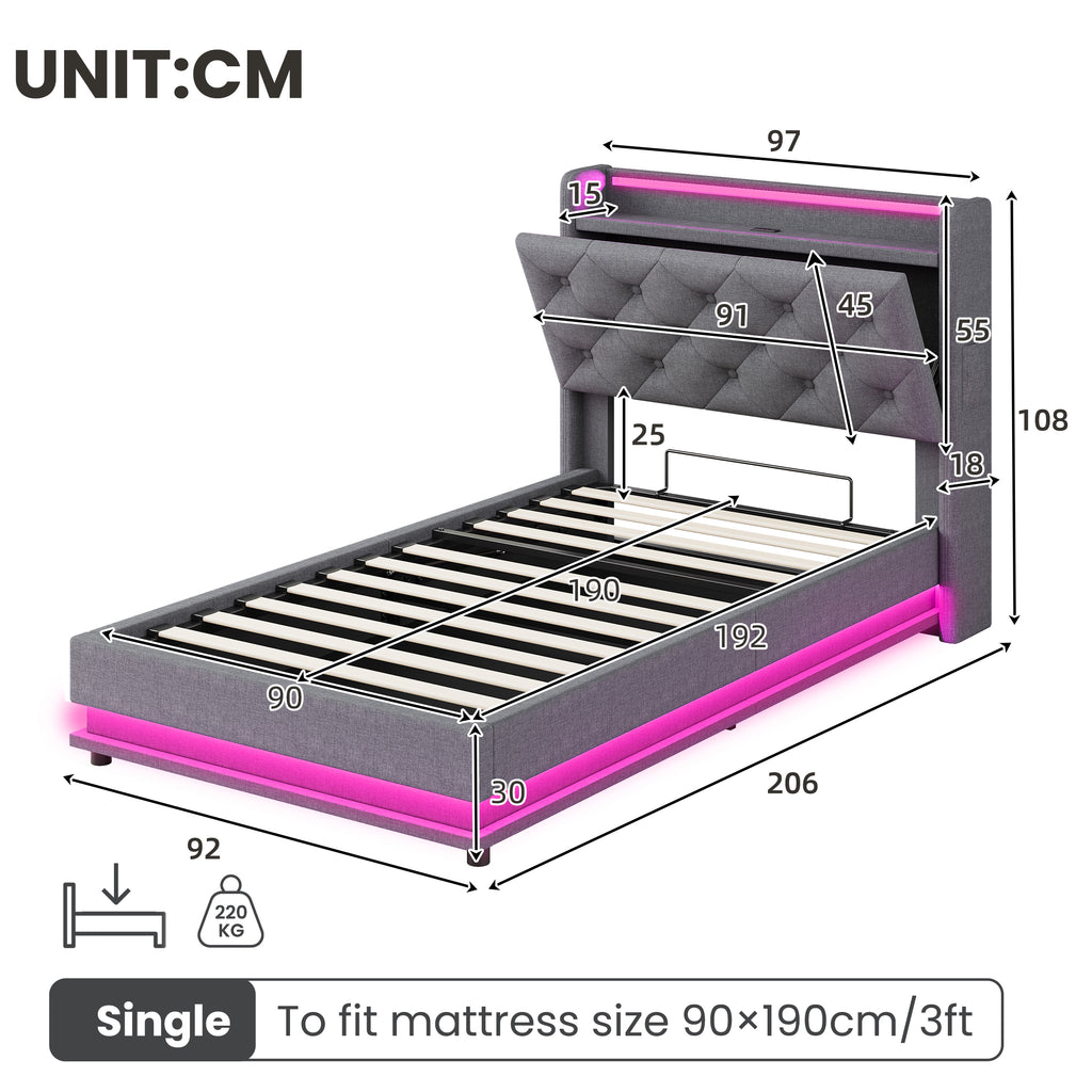 3ft Single Upholstered Bed Frame with Hydraulic Storage, LED Button Tufted Headboard with Charging Station and Concealed Headboard Storage, USB and Type-C Ports, Linen, Grey (No Mattress)