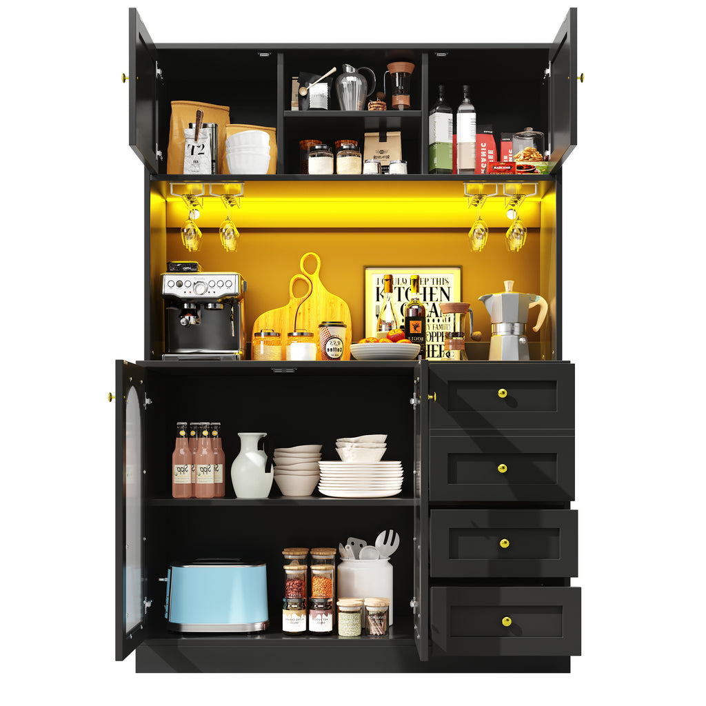 Sideboard / Storage Cabinet / Kitchen Cabinet / Buffet Cabinet, 120x40x188cm, Farmhouse Style, 4 Doors, with LED Light Strip & Drink Holders, Black/White (Fluted Glass Doors)
