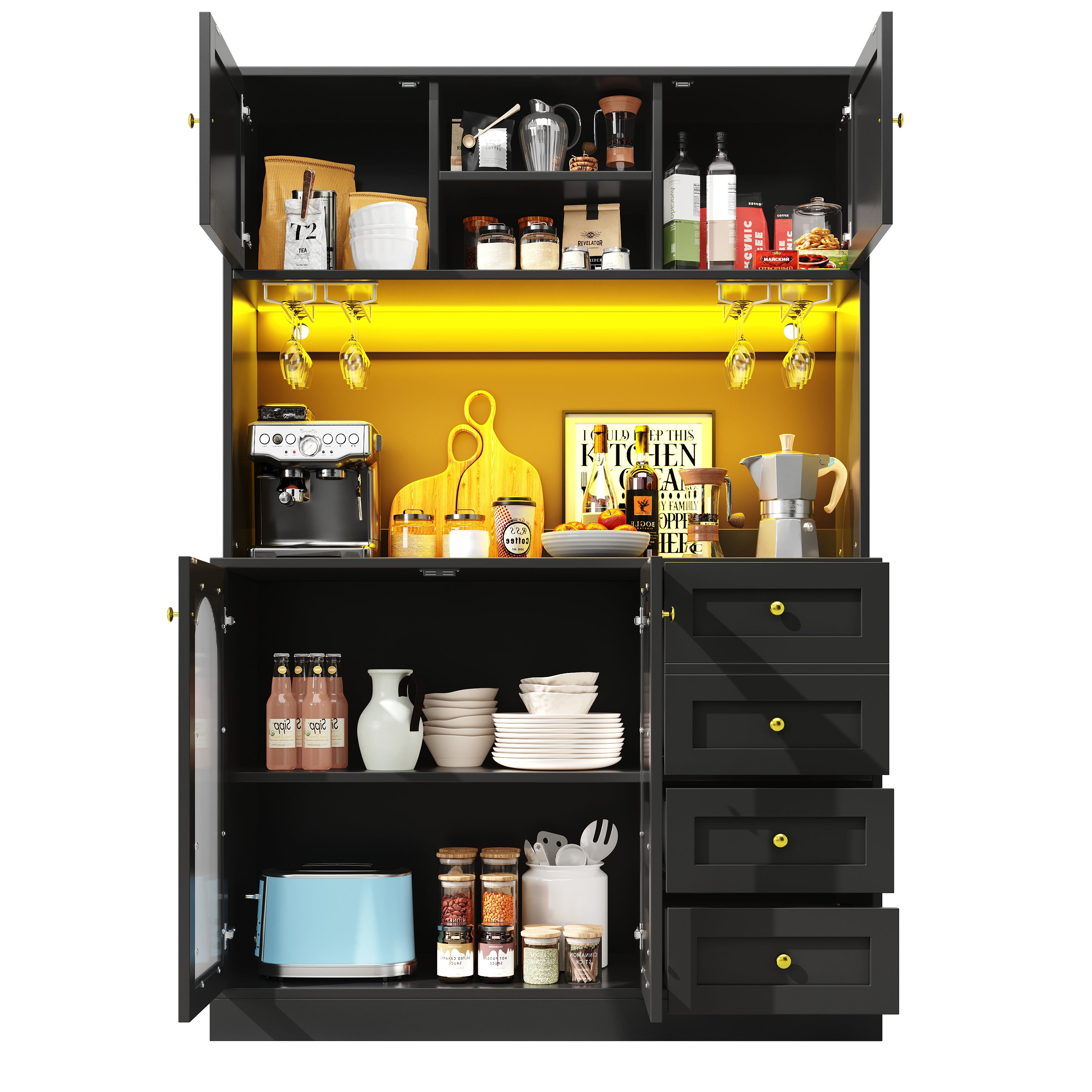 Sideboard / Storage Cabinet / Kitchen Cabinet / Buffet Cabinet, 120x40x188cm, Farmhouse Style, 4 Doors, with LED Light Strip & Drink Holders, Black/White (Fluted Glass Doors)