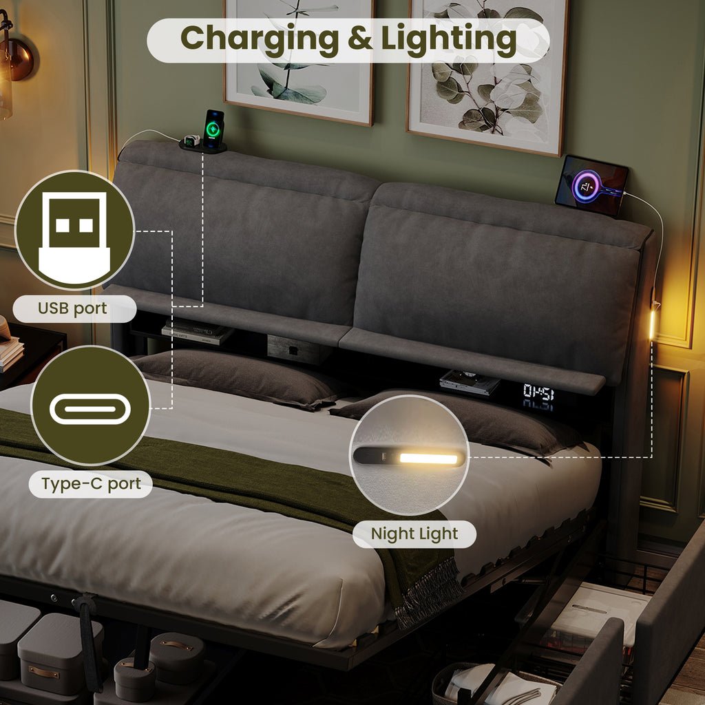 5ft King Bed with Hydraulic Storage, Velvet Upholstered Bed with Headboard Flip-top Storage and Drawers, Back Cushion Headboard with Charging Station and LED Night Light, Grey (No Mattress)