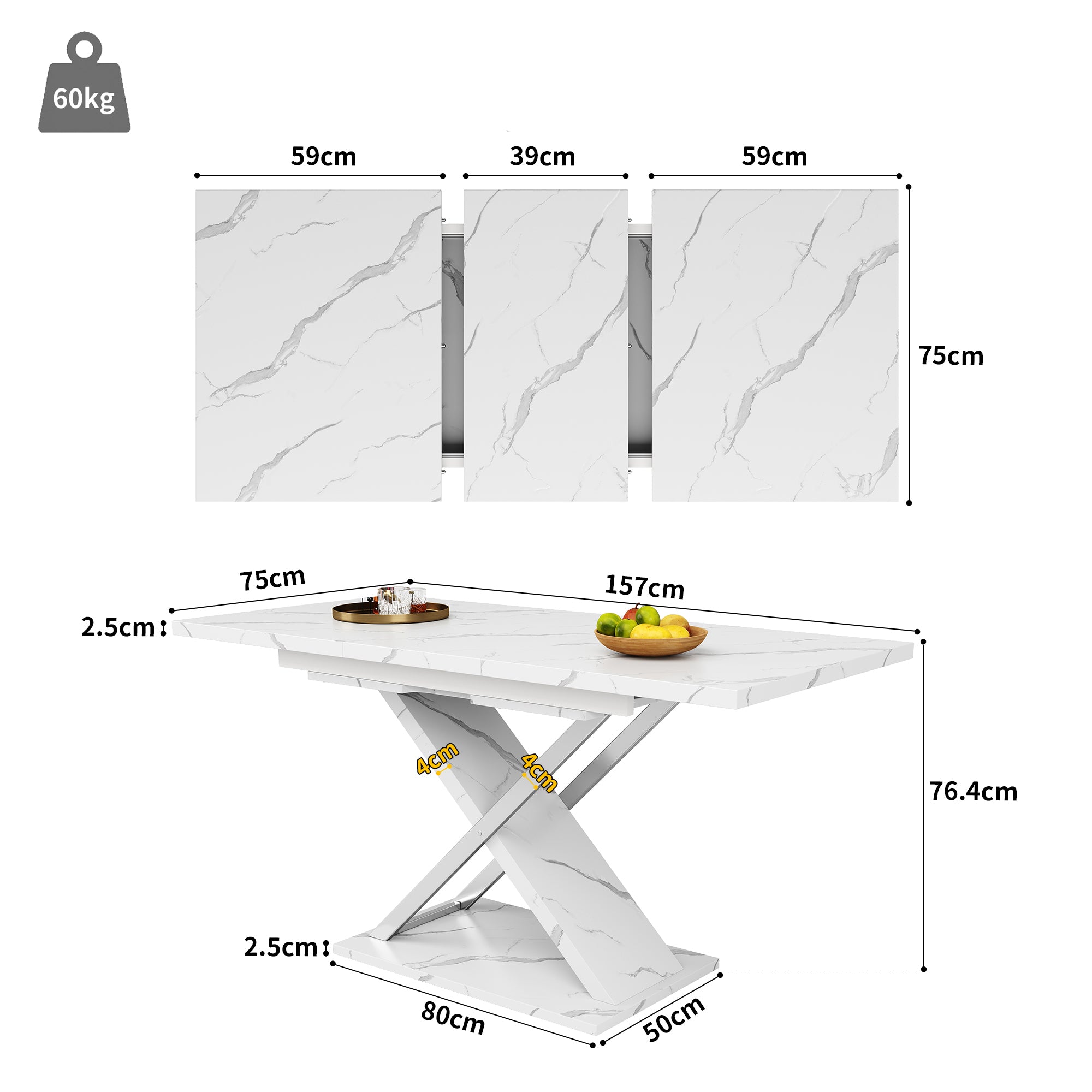 Extendable dining table (118–157 × 75 cm), kitchen/living room table, side table, dining table with cross legs, Minimalist dining table