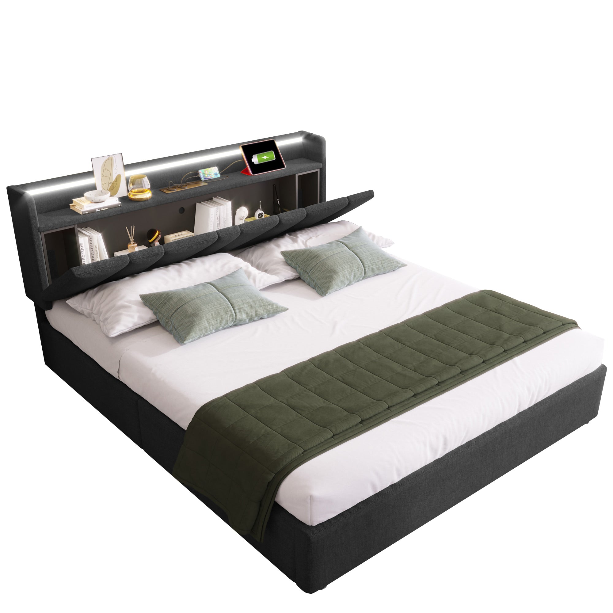 Upholstered Double Bed with USB charging function, storage headboard and LED lighting, 4ft6 Double Bed storage bed frame(135x190cm), Wooden Slatted Frame, Grey (Without Mattress)