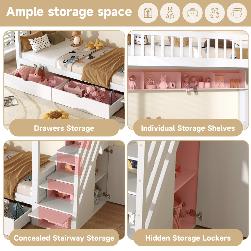 3ft Single Loft Bed with Under Bed Drawers, High-Quality Solid Wood Bunk Bed Frame with Integrated Stairway Storage, Shelving and Hidden Lockers, Safety Guardrails, White (No Mattress)