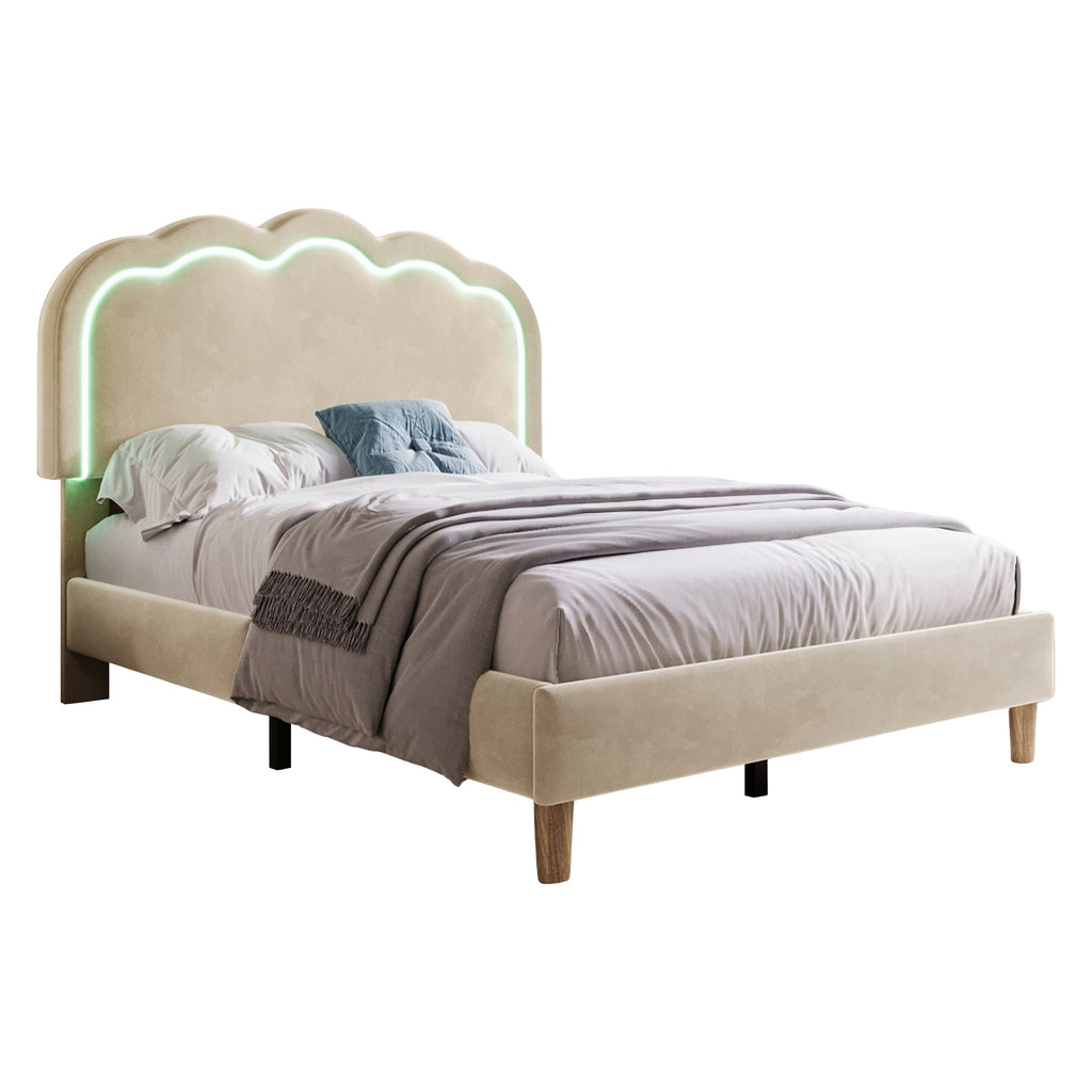 Upholstered Bed, 3ft 90x190cm Single Bed with LED, Bed Frame with Wooden Slats and Adjustable Height Headboard, Teen Bed for Bedroom and Guest Room, Beige, Velvet Material, Without Mattress.