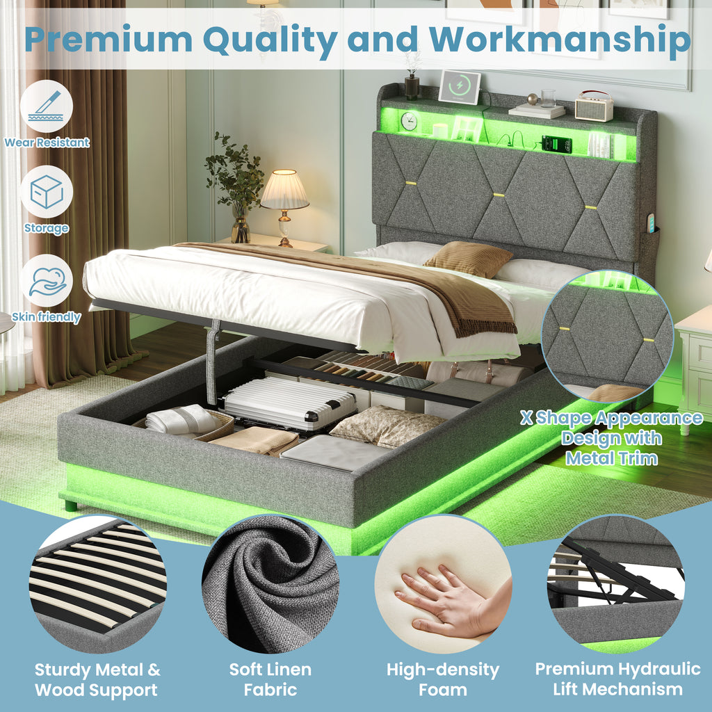 3ft Single Upholstered Bed Frame with Hydraulic Storage,  LED Headboard with Charging Station and Concealed Headboard Storage, USB and Type - C Ports, Linen, No Box Spring Needed, Grey (No Mattress)