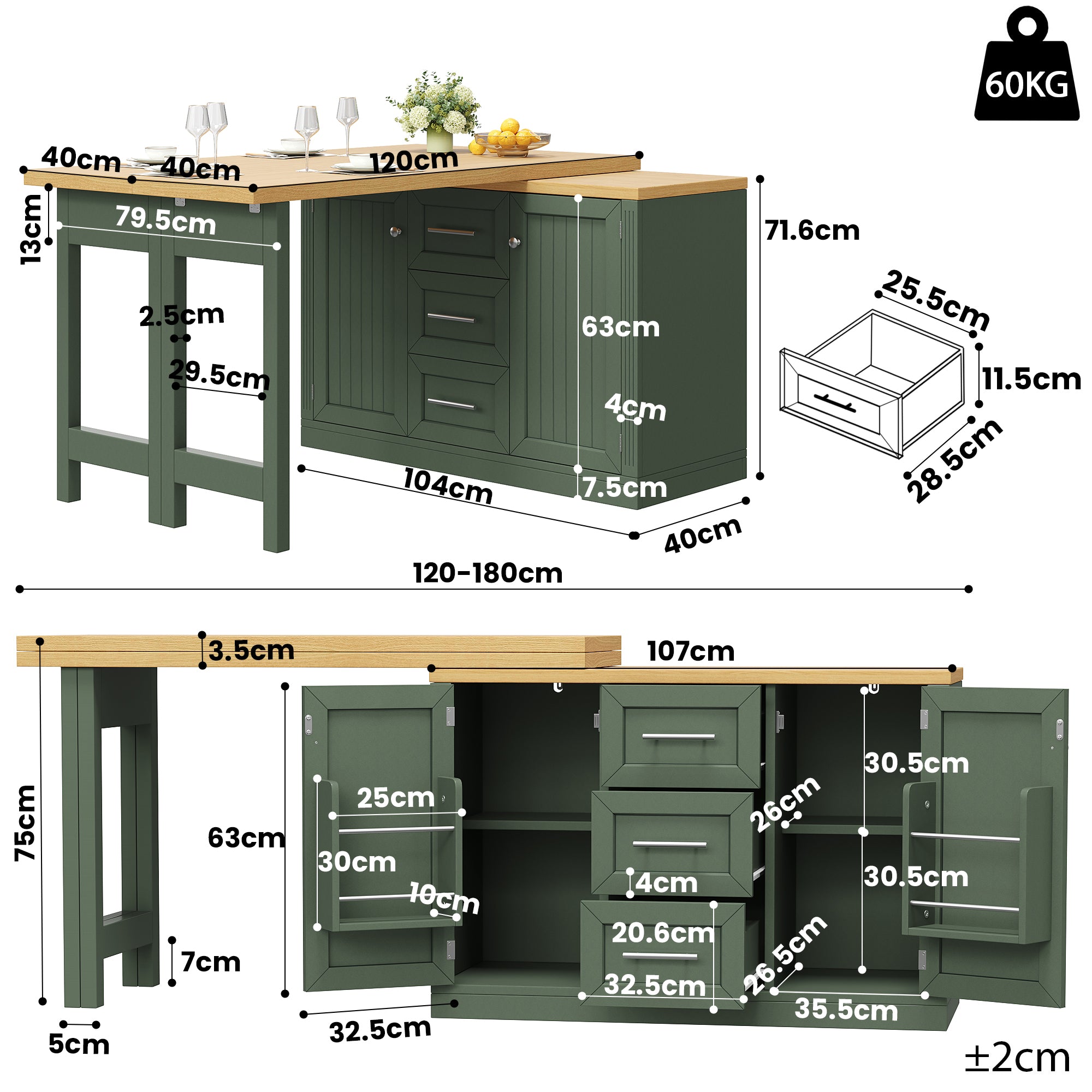 Extendable Sideboard & Table Combo, 120-180cm Adjustable Dining Table with Storage, 3 Drawers & Snack racks, Space-Saving kitchen island for Small Flats, White/Antique Green