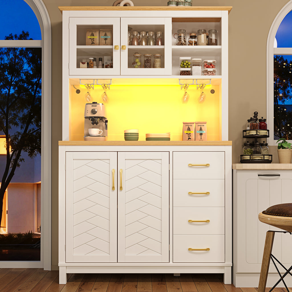 Sideboard / Storage Cabinet / Kitchen Cabinet / Buffet Cabinet, 105.5x40x180cm, Farmhouse Style, 4 Doors, with LED Light Strip & Drink Holders, White