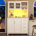 Sideboard / Storage Cabinet / Kitchen Cabinet / Buffet Cabinet, 105.5x40x180cm, Farmhouse Style, 4 Doors, with LED Light Strip & Drink Holders, White