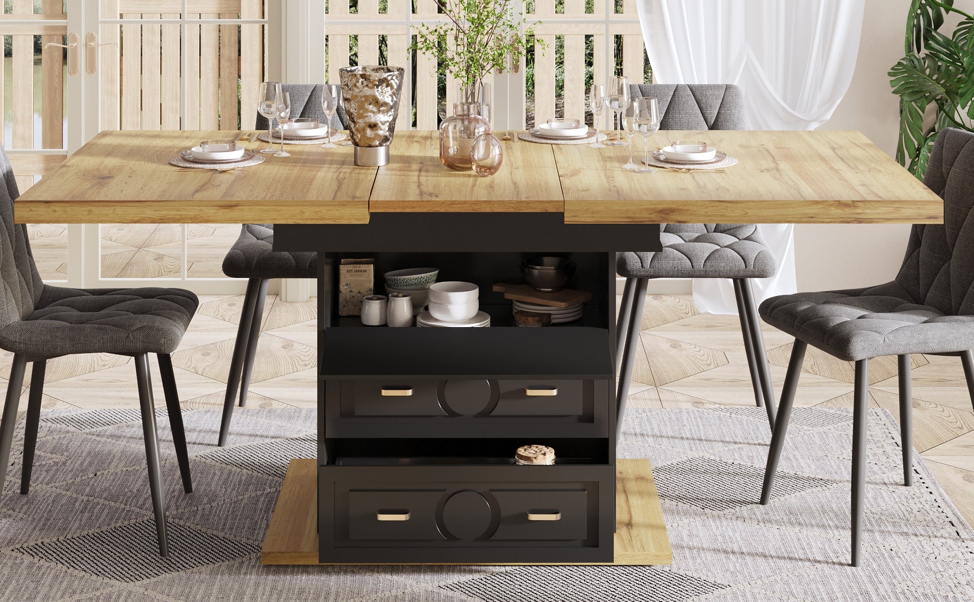 Extendable dining table - wooden table 110-140 x 80 x 75 cm - For kitchen, dining room, terrace - 6 person table with extendable top & wood grain