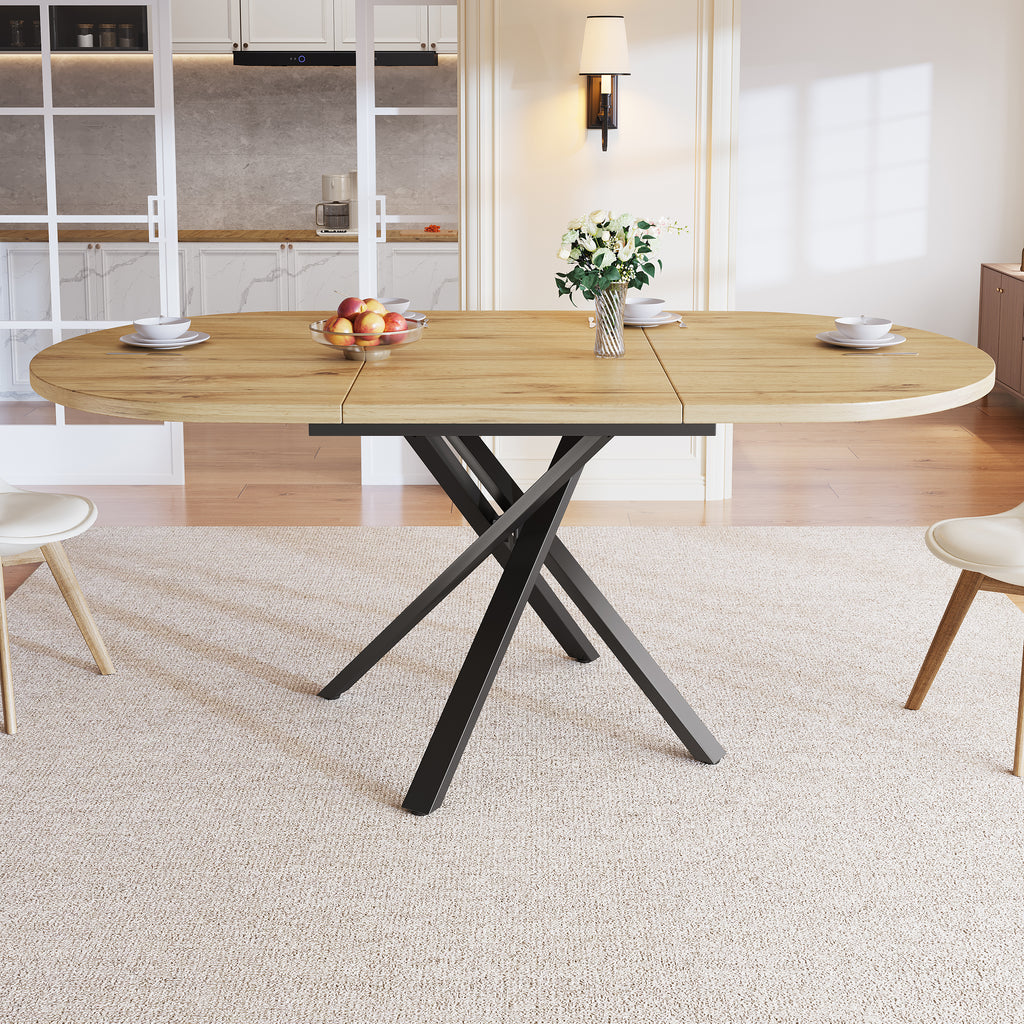 Extendable dining table 100-140cm, round-oval table, stable X-metal frame, adjustable feet, wood look