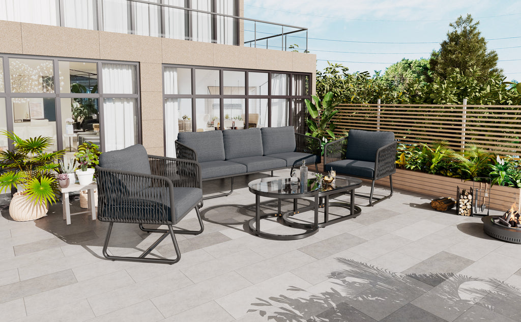 Outdoor Patio&Backyard Furniture Garden Lounge Set, Thick Quality Space Saving Sofas with Glass Coffee Table, Grey