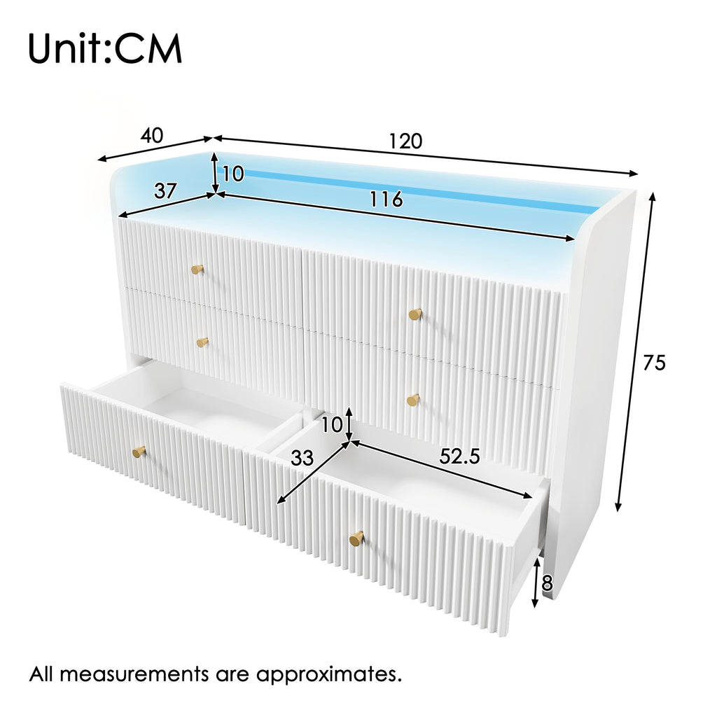 Fluted 6-Drawer Sideboard, Modern Storage Cabinet with RGB LED Lighting & Shelves,, Chest of Drawers for Living Room Bedroom Dining Room Office, 75x 120 x 40 cm, White