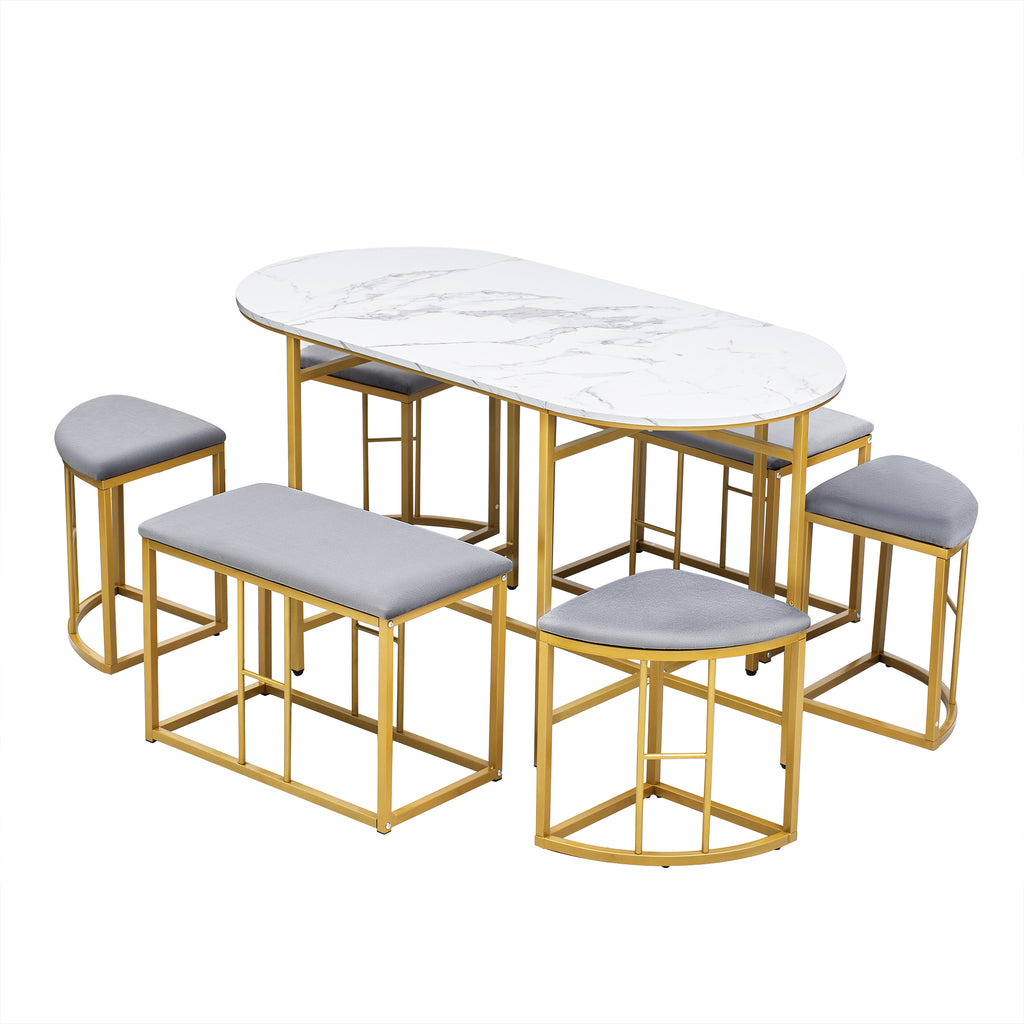 Dining group, (set, with dining table, 4 small stools and 2 large stools), kitchen dining table set made of steel frame, modern white and gold, 140*70*76cm, load capacity 120 kg