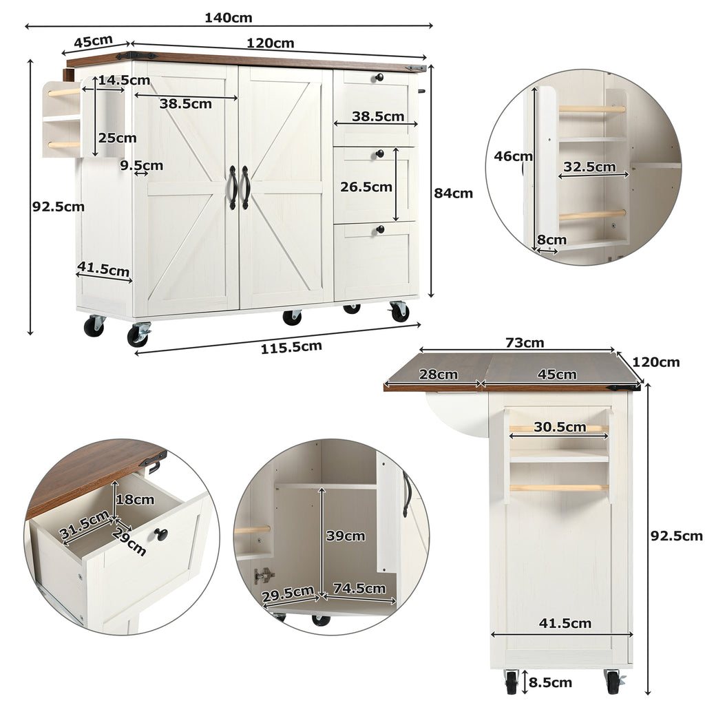 Kitchen island, serving cart with extendable worktop, kitchen cabinet, kitchen trolley, dining cart with wood grain, dining cart with two doors and three drawers
