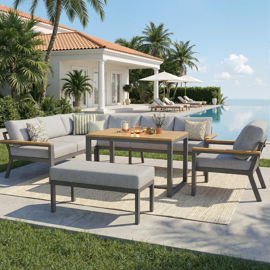 Eight-person L-shaped garden sofa set with wooden table / Weatherproof corner suite made of iron / Including armchair, bench & wooden worktop / With grey cushions