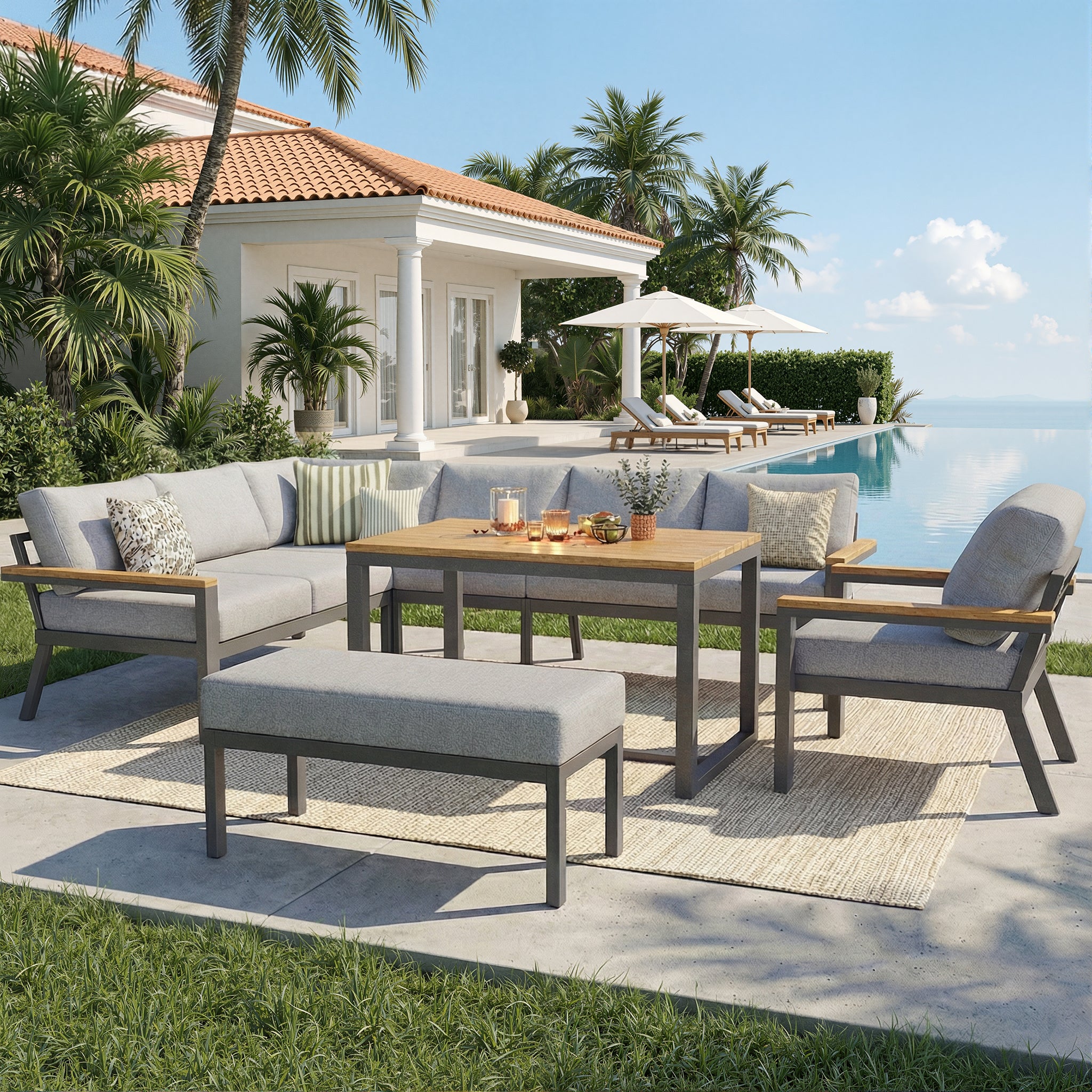 Eight-person L-shaped garden sofa set with wooden table / Weatherproof corner suite made of iron / Including armchair, bench & wooden worktop / With grey cushions