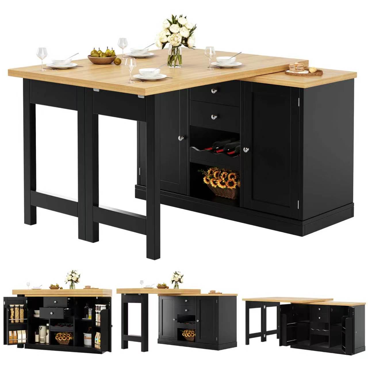 Extendable Sideboard & Dining Table Combo, 2 Drawers & Snack rack, Space-Saving Sideboard for Small Flats, White/Black