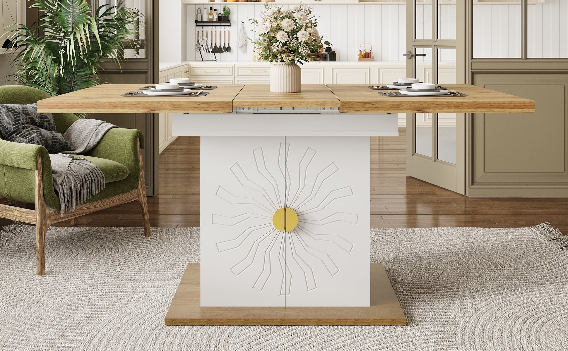 Dining Table, Table, Extension Table for Kitchen & Living Room, 110(140) x 70 x 76 cm, Wood Veneer with Sun-Relief, Generous Storage Space