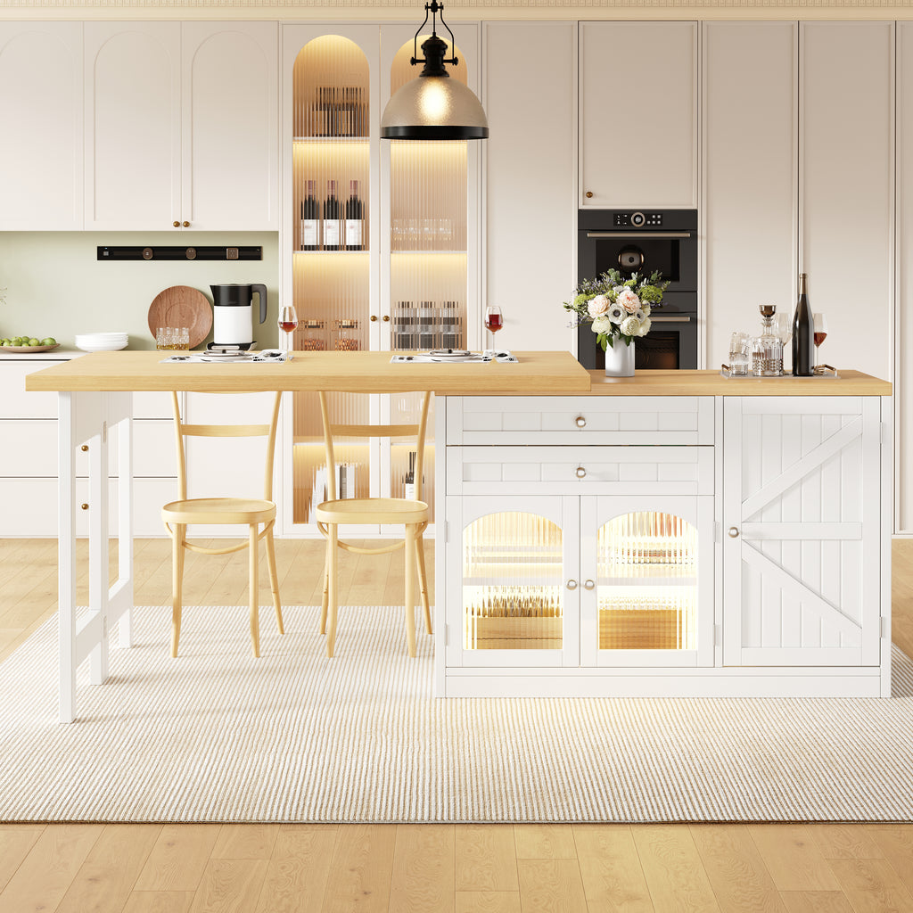 Extendable kitchen island dining table 120–194cm, 360° rotating tabletop, with glass doors, drawers & door snack shelves, white