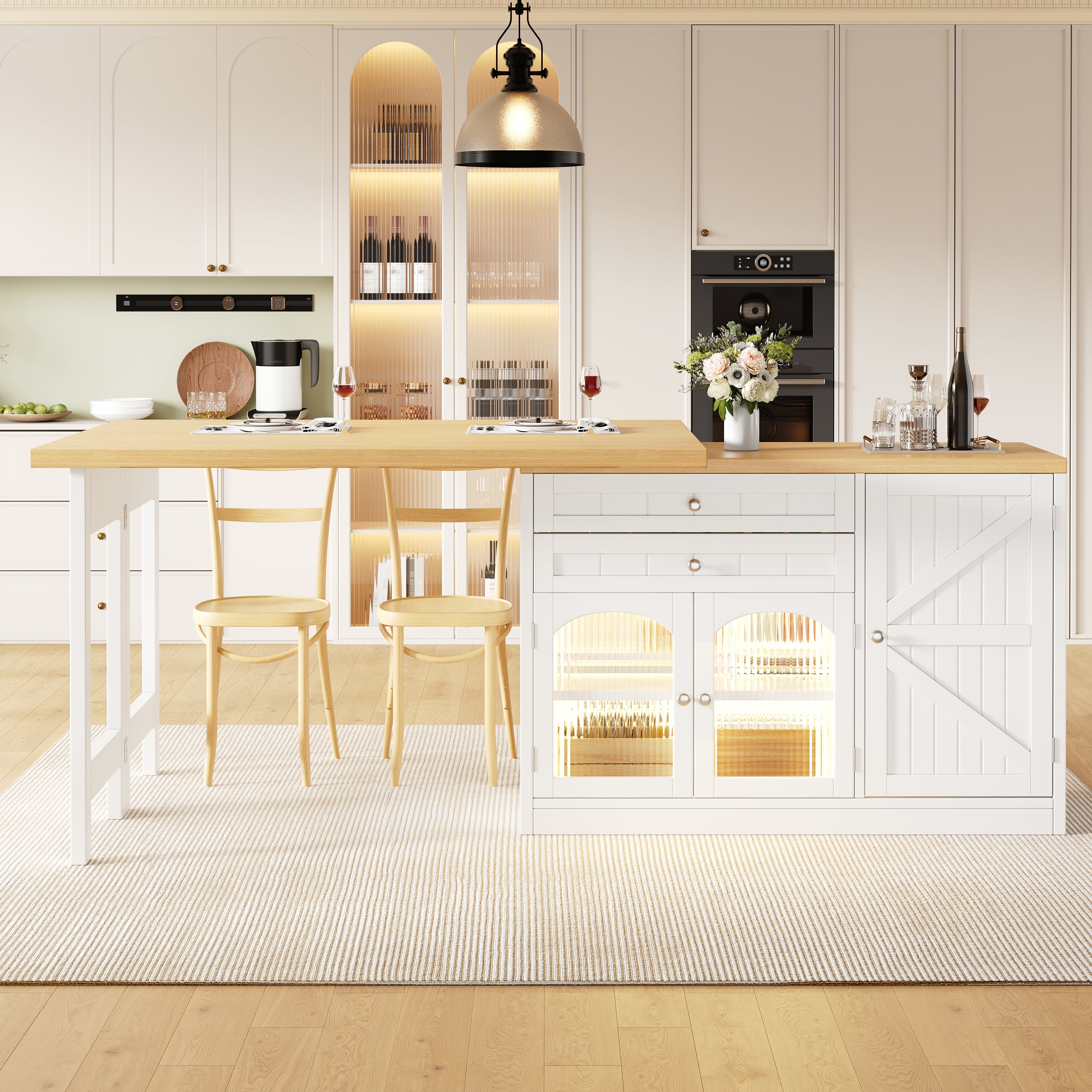 Extendable kitchen island dining table 120–194cm, 360° rotating tabletop, with glass doors, drawers & door snack shelves, white