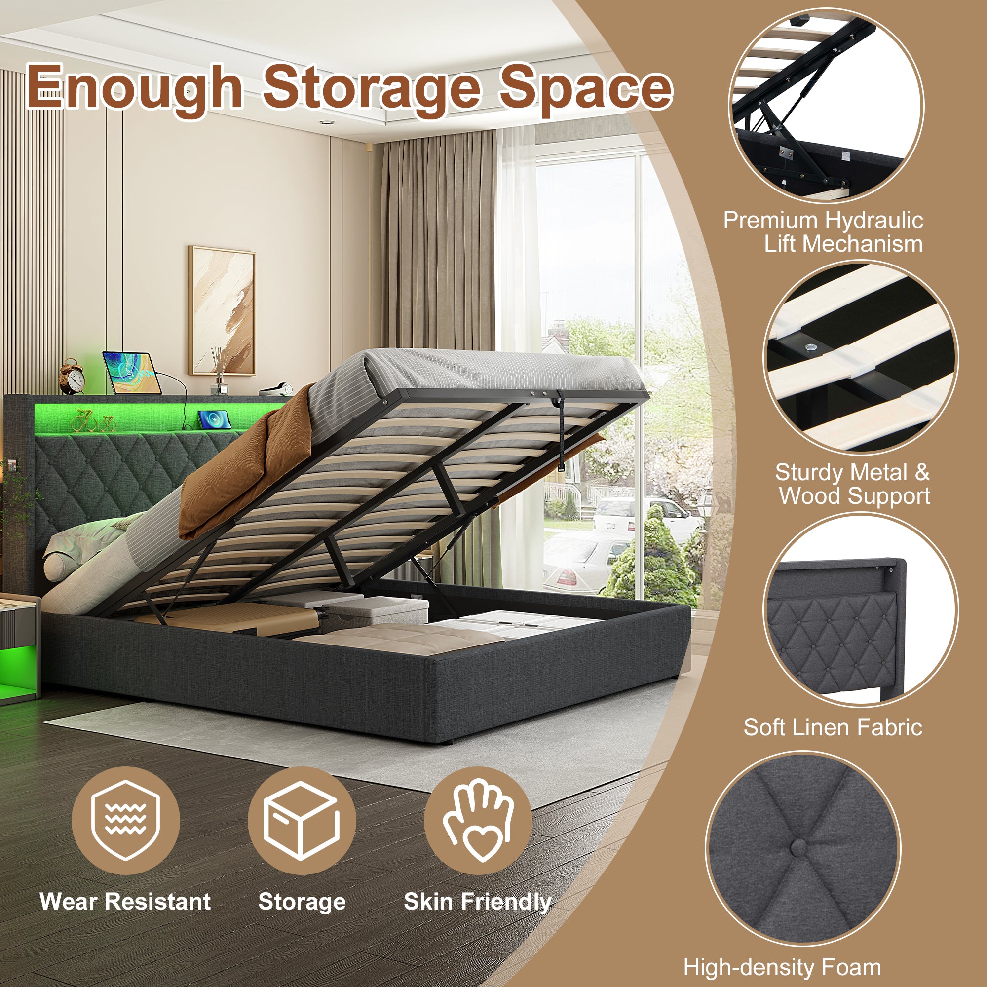 5ft King Upholstered Bed Frame with Hydraulic Storage, Linen Ottoman Bed with LED Lighting, Button Tufted Storage Headboard with Charging Station, No Box Spring Needed, Grey (No Mattress)